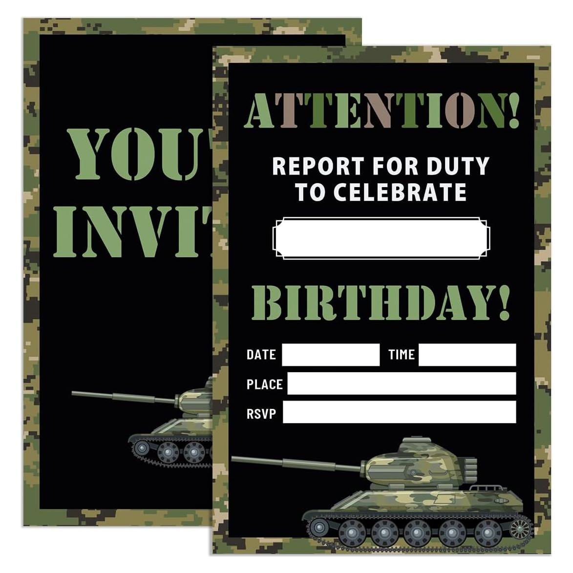Invitaciones de Cumpleaños UDNADKEX Camo Militar 20 Unidades 10x15 cm