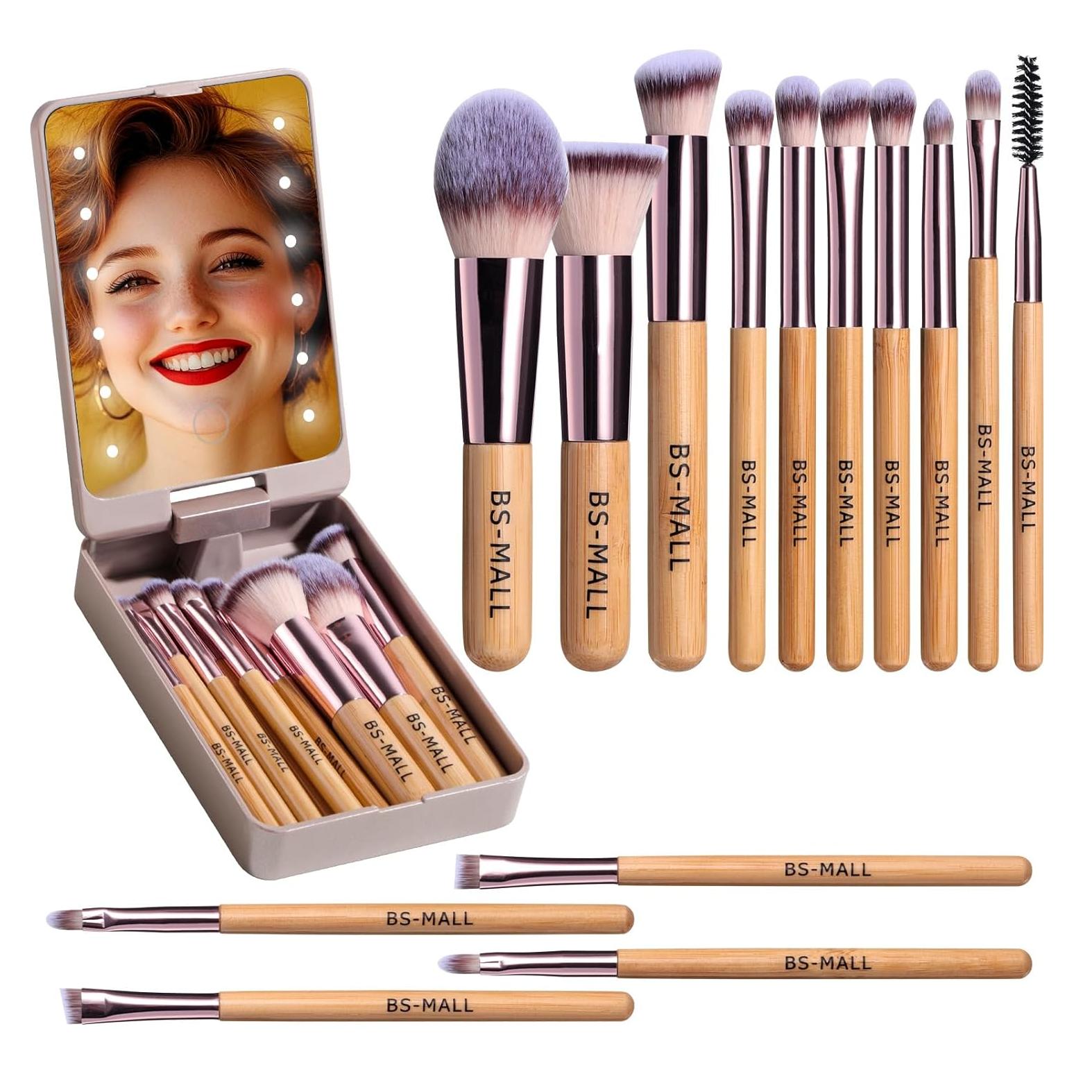 Conjunto de Brochas de Maquillaje BS-MALL 14 Pcs con Espejo LED