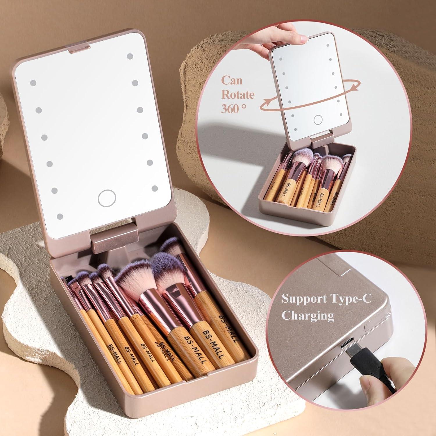 Conjunto de Brochas de Maquillaje BS-MALL 14 Pcs con Espejo LED