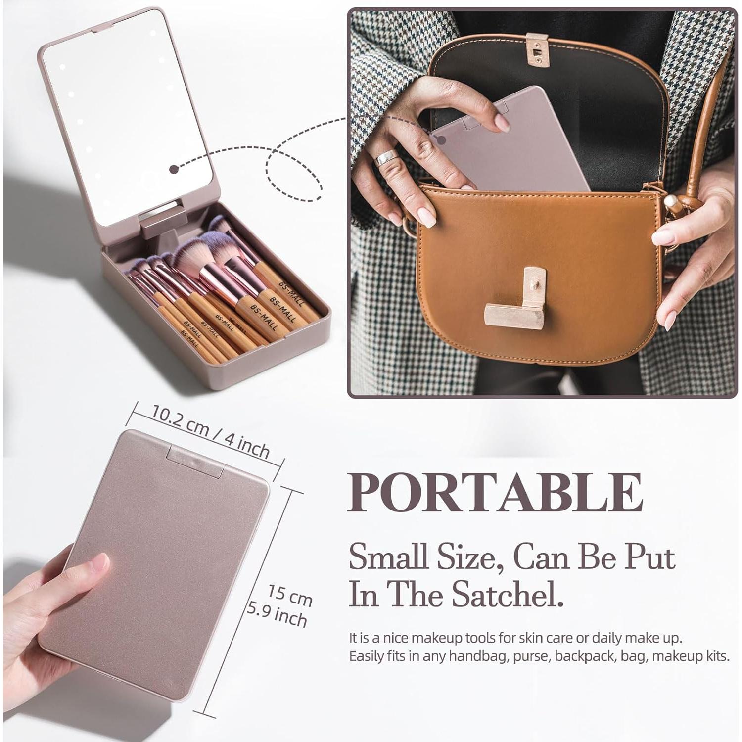 Conjunto de Brochas de Maquillaje BS-MALL 14 Pcs con Espejo LED