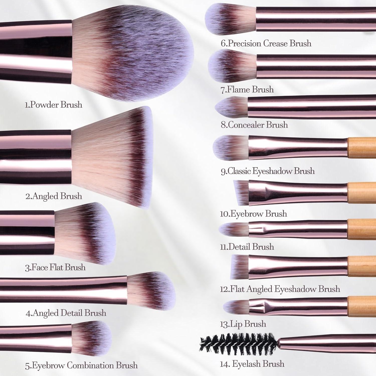 Conjunto de Brochas de Maquillaje BS-MALL 14 Pcs con Espejo LED