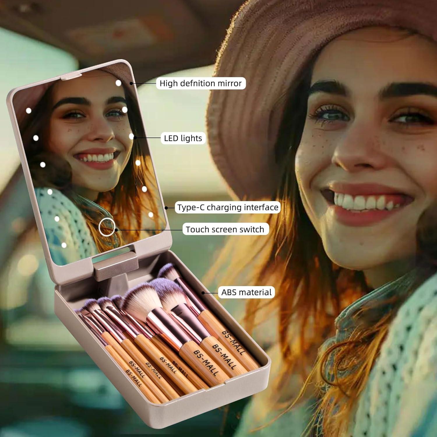 Conjunto de Brochas de Maquillaje BS-MALL 14 Pcs con Espejo LED
