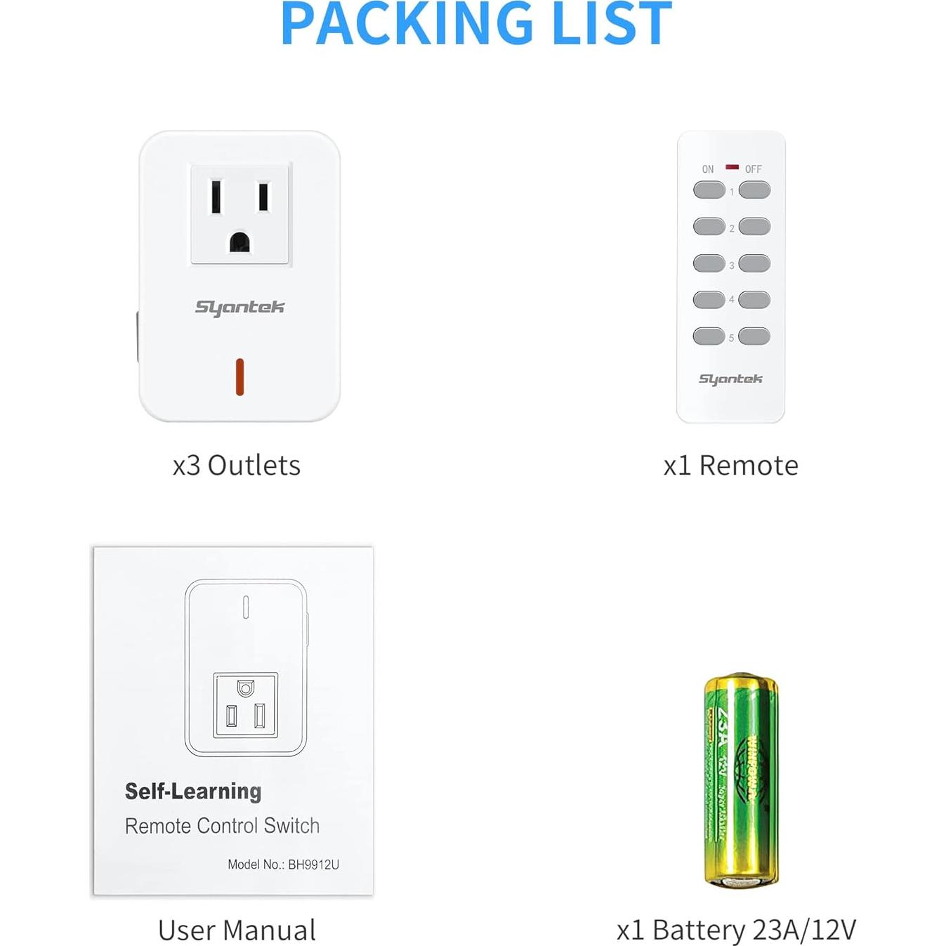 Interruptor de Luz Inalámbrico Syantek con Control Remoto 3 Enchufes