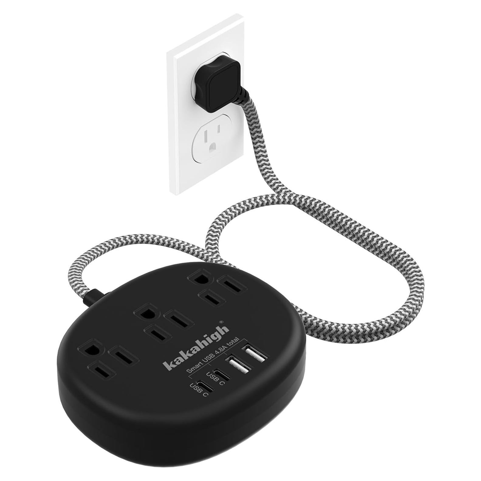 Cable de Extensión KAKAHIGH 5FT Negro con 3 Tomacorrientes y 4 USB