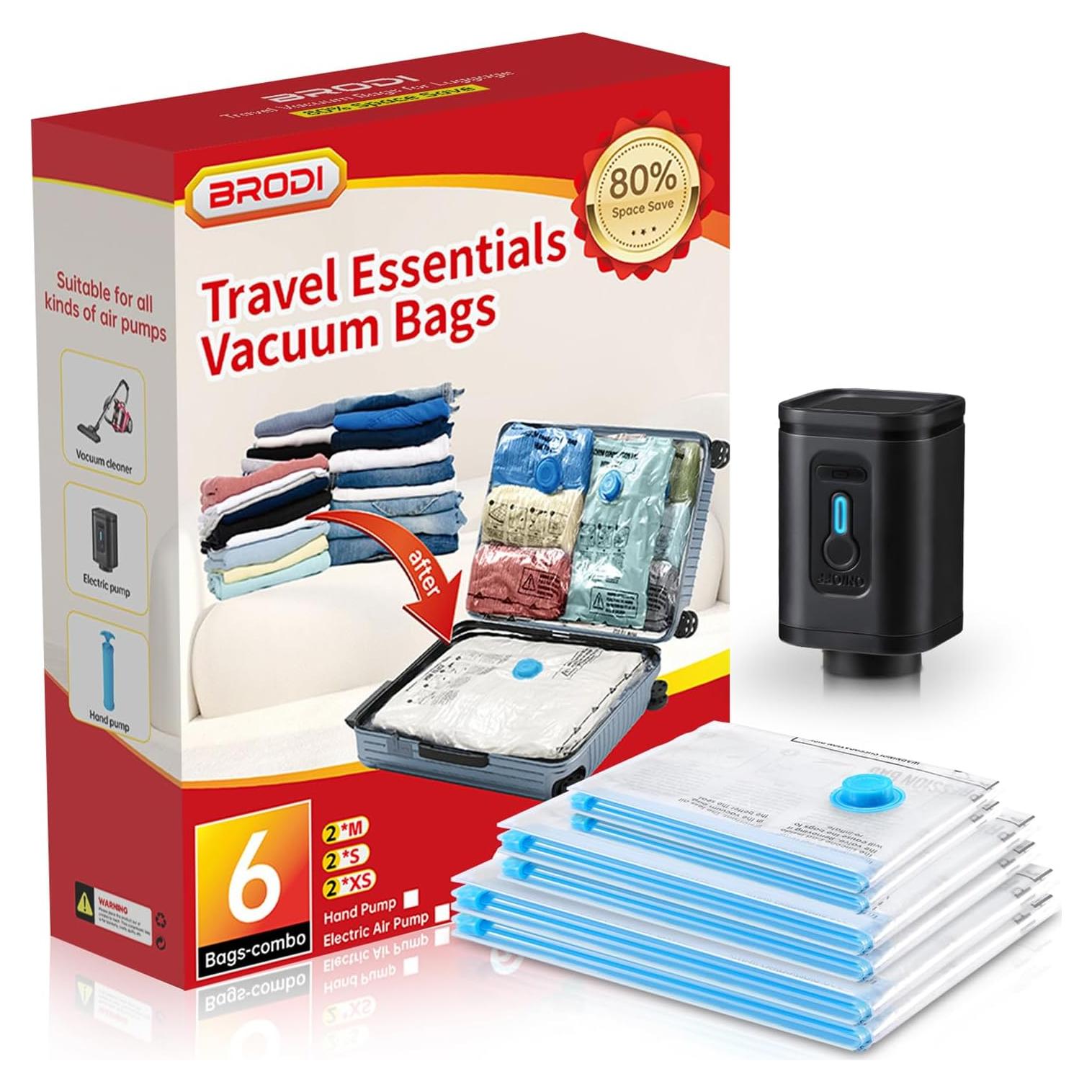 Bolsas de Vacío para Viaje Brodi 6 Piezas con Bomba Eléctrica