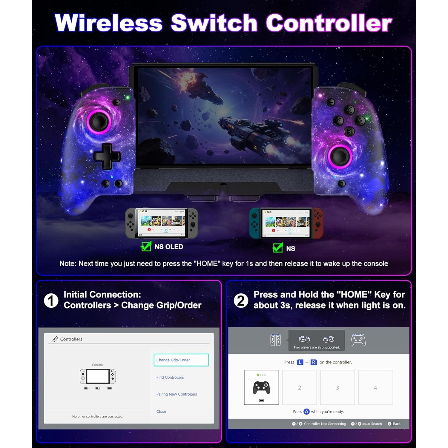 Controlador Inalámbrico Spican para Nintendo Switch/OLED - Joypad Ergonómico con Luces