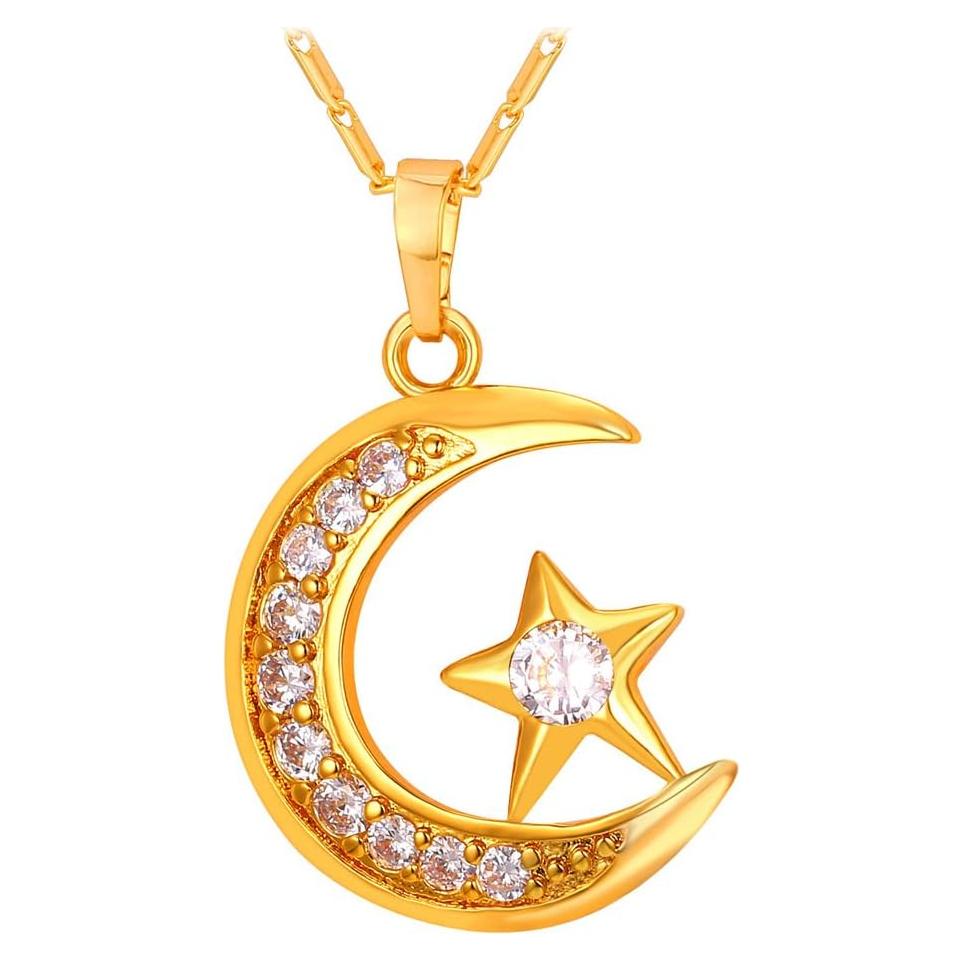 Collar U7 Islámico con Colgante Luna Creciente Baño Oro 18K