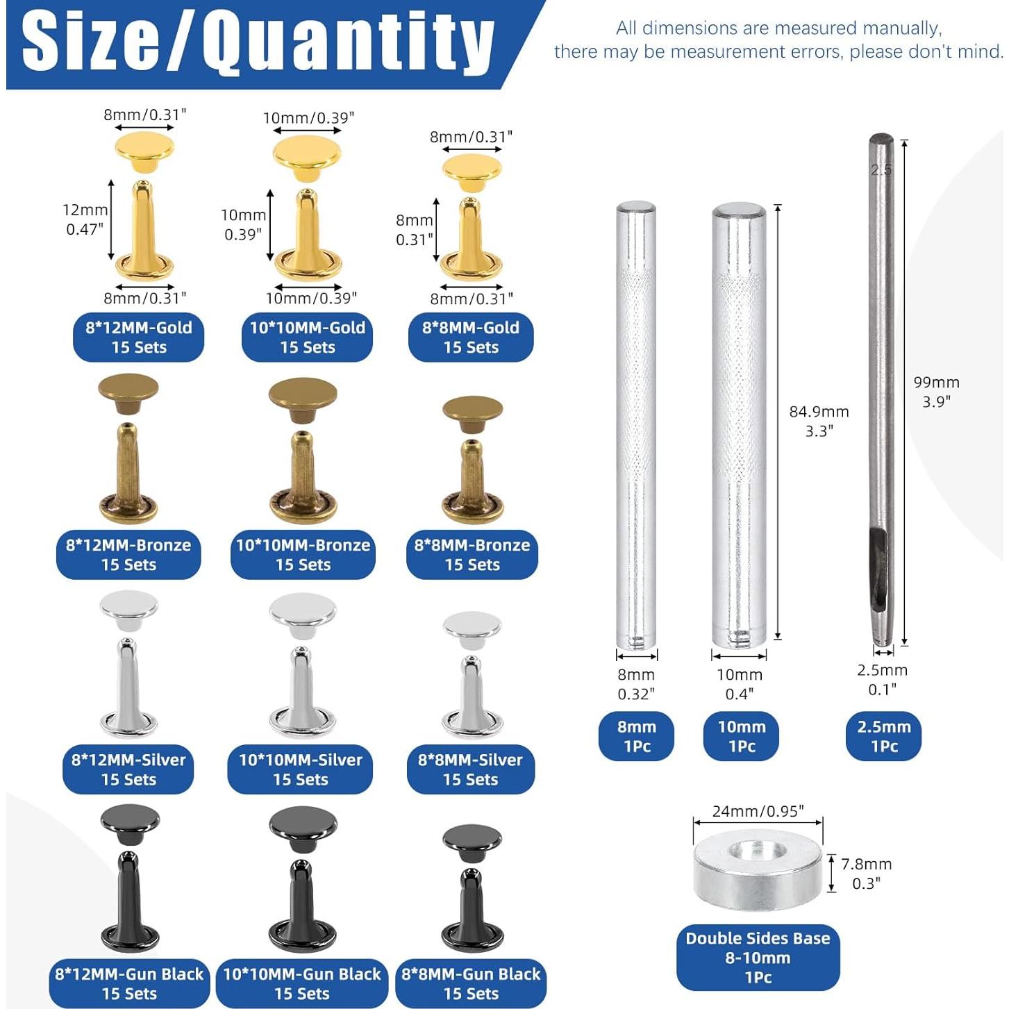 Kit de Remaches de Cuero Glarks 180 Piezas 4 Colores 3 Tamaños