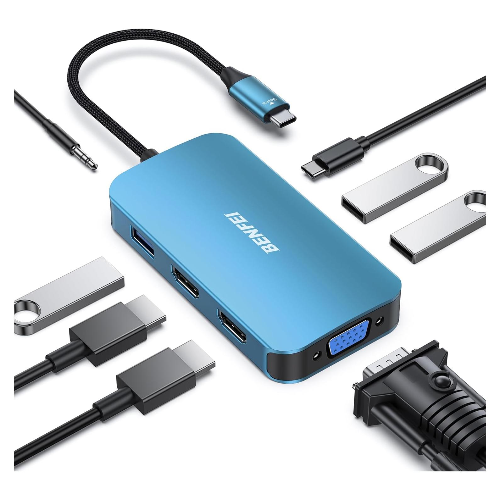 Hub USB-C 8-en-1 BENFEI con Triple Pantalla HDMI y VGA