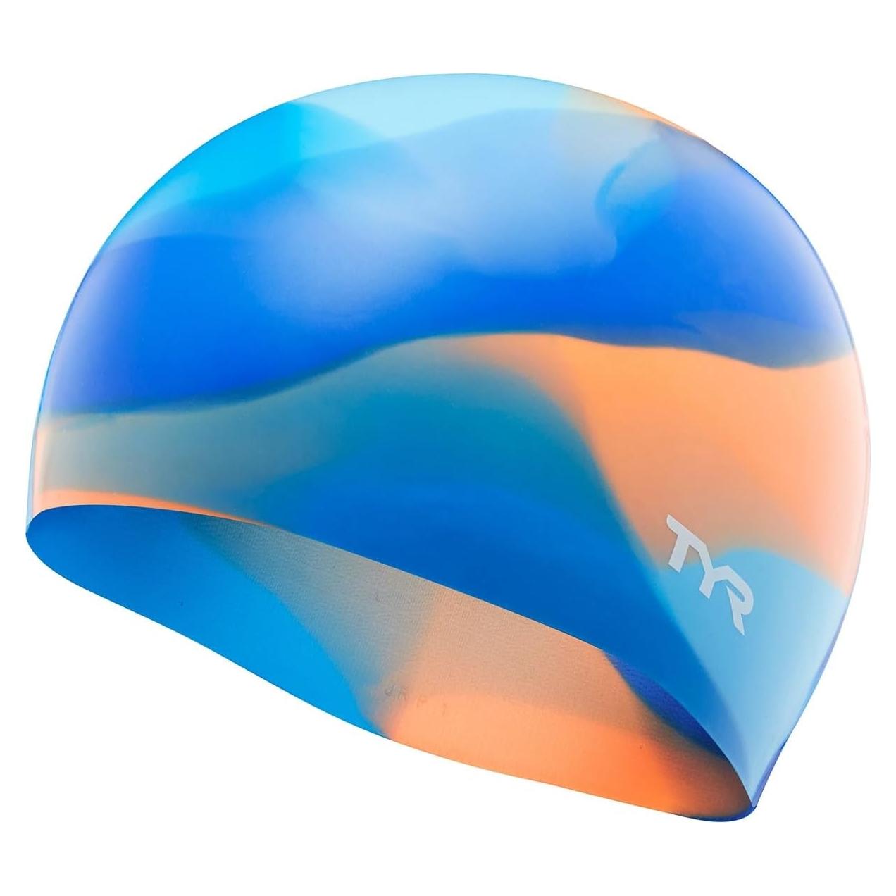 Gorro de natación juvenil TYR de silicona azul/naranja
