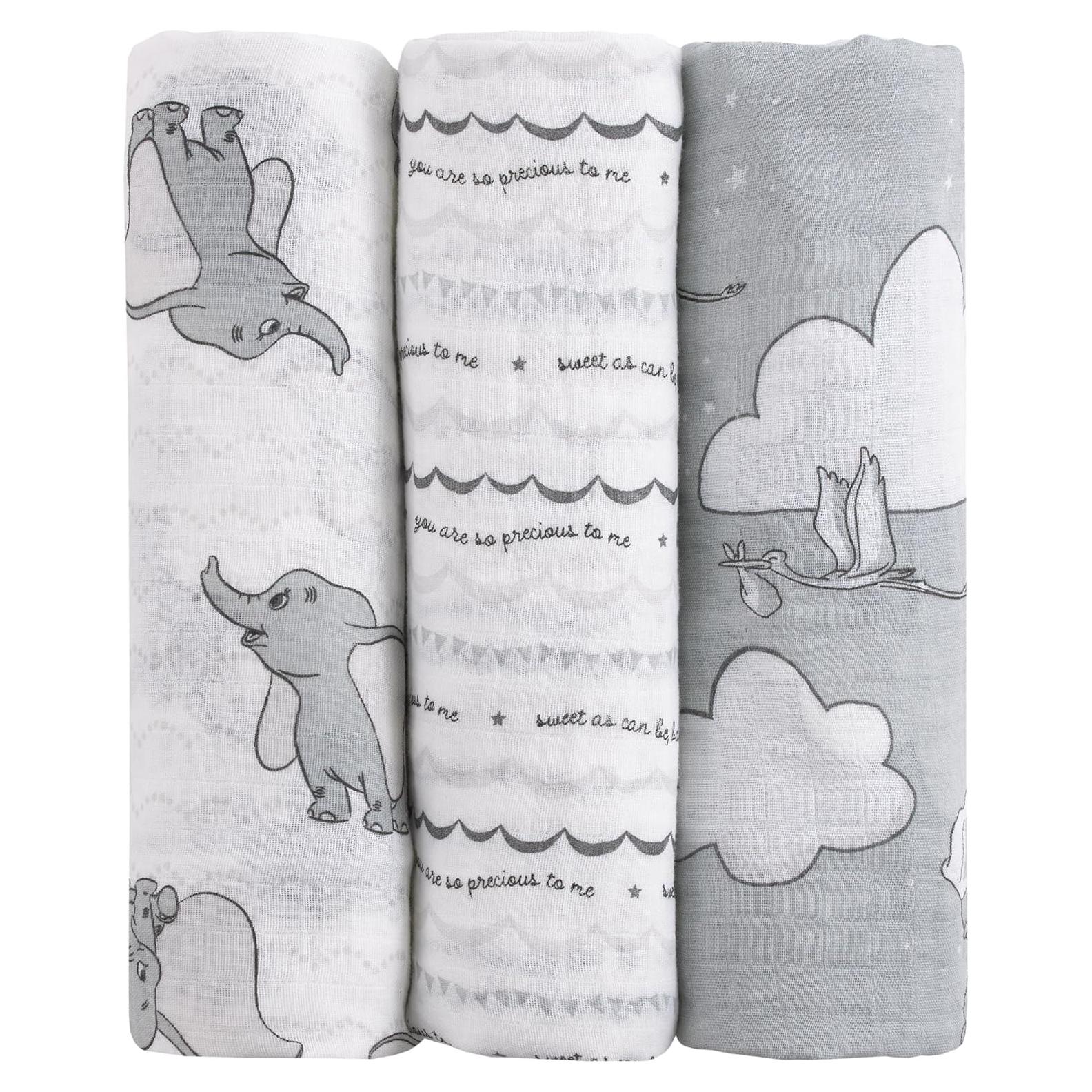 Conjunto de 3 Mantitas Muselina Bebé Disney Dumbo 100% Algodón