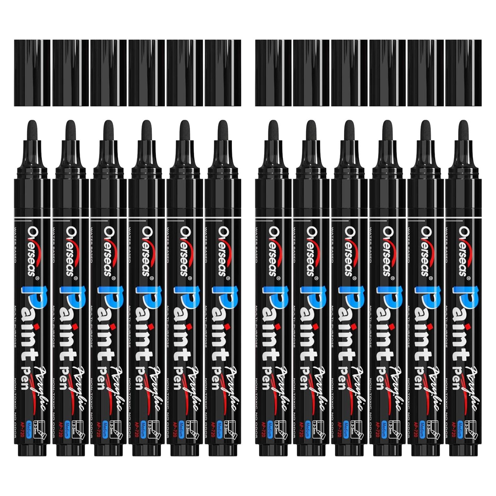 Marcadores Acrílicos Permanentes Overseas - Paquete de 12 Negros