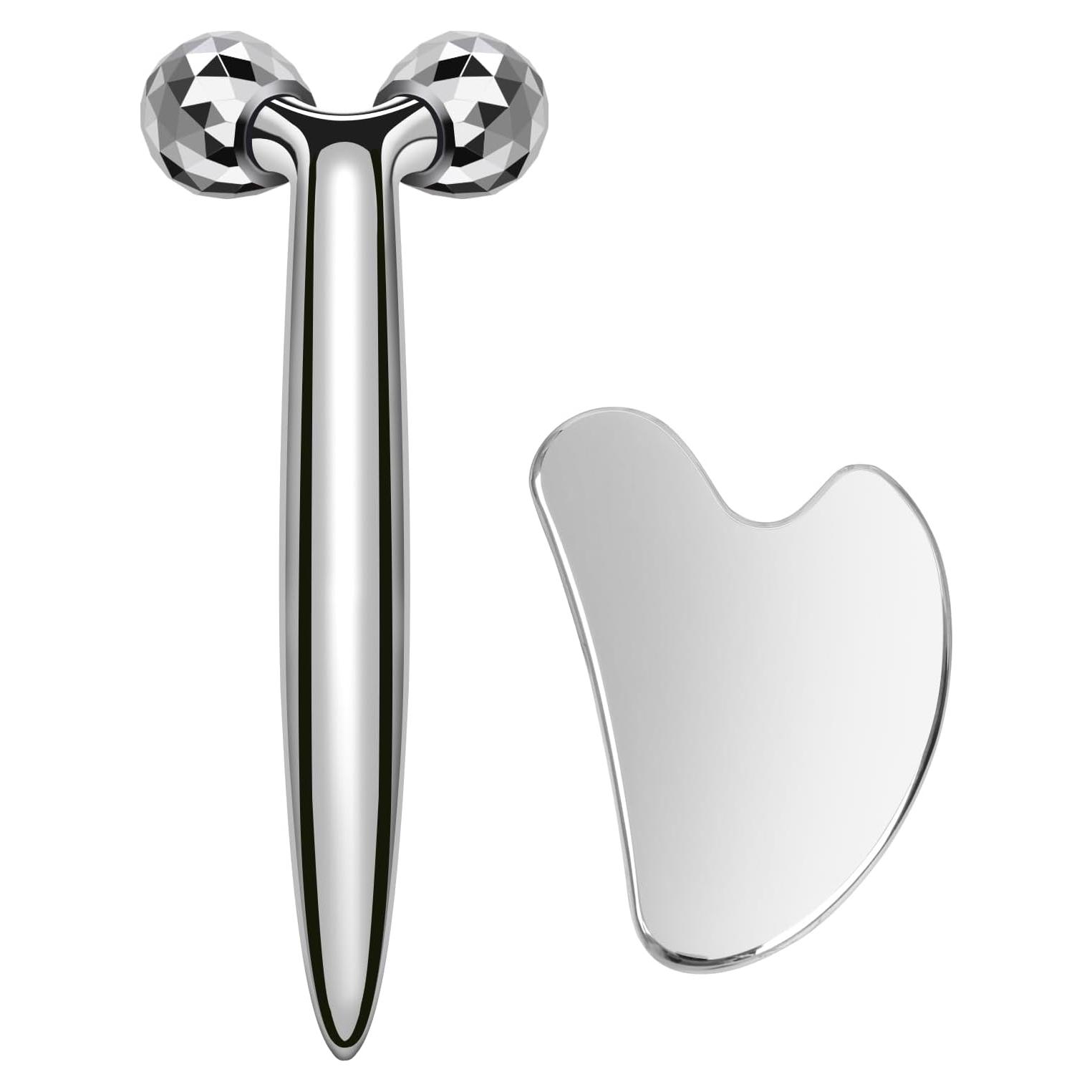 Rodillo Facial y Gua Sha de Metal InfiniteRelax - Antienvejecimiento