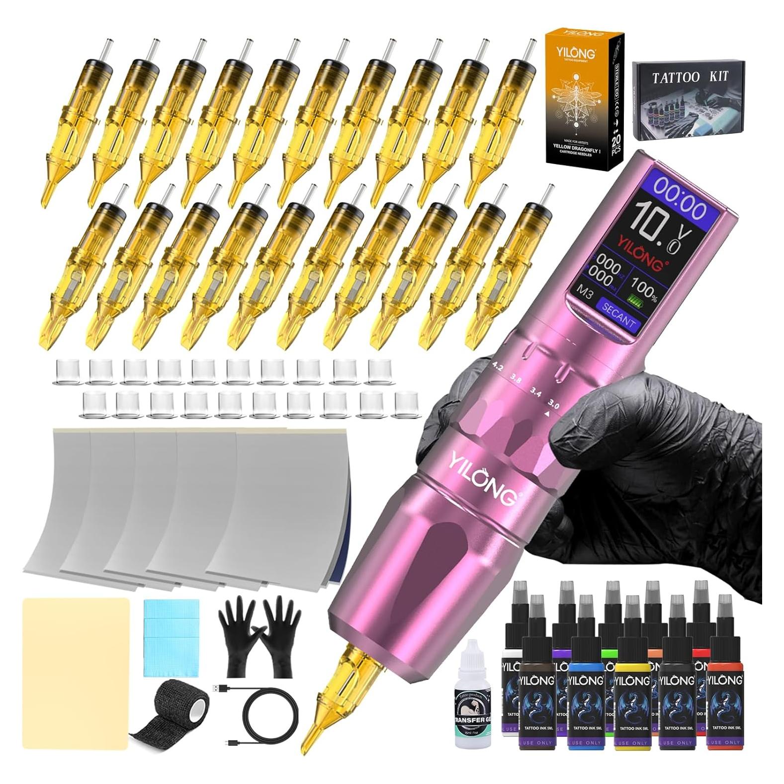 Kit de Máquina de Tatuaje Inalámbrica YILONG Rosa 1200mAh LCD