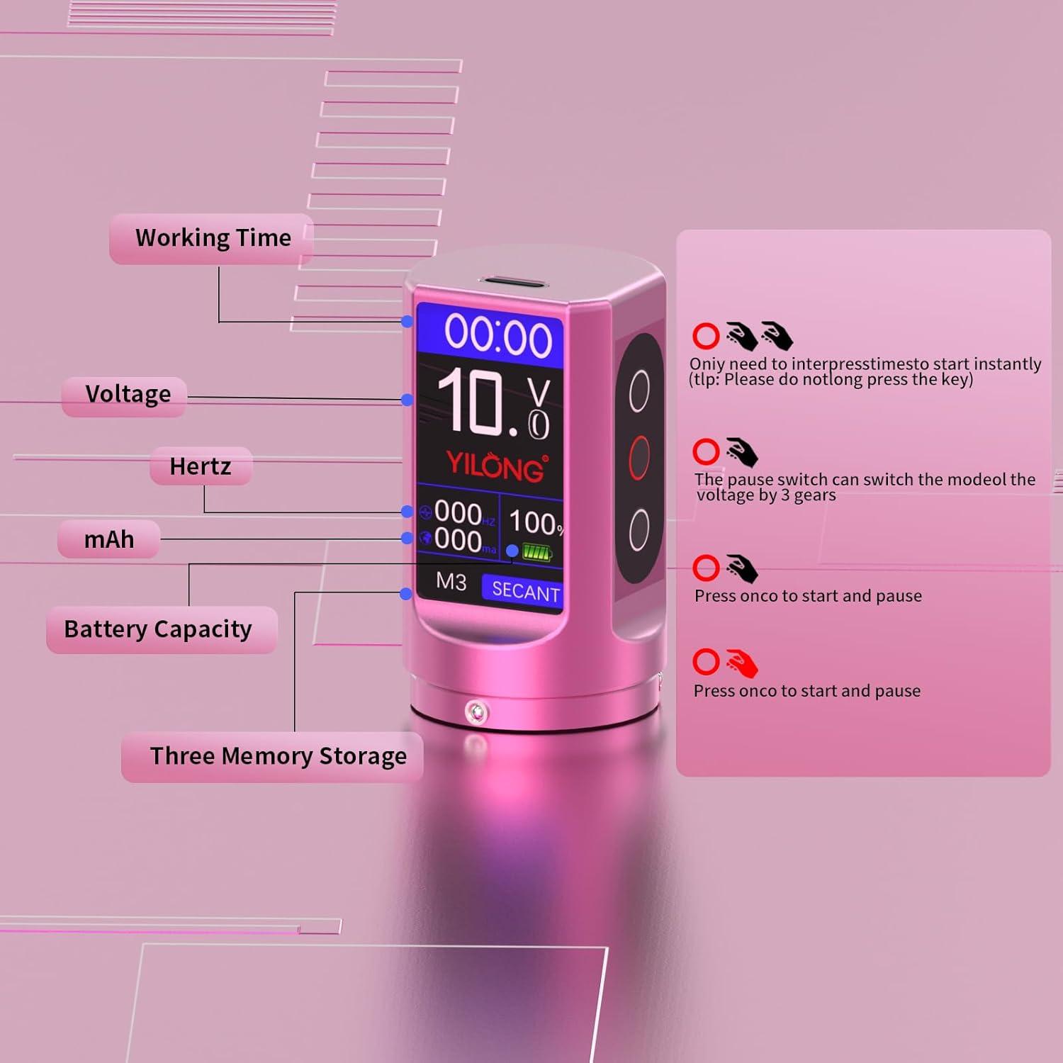 Kit de Máquina de Tatuaje Inalámbrica YILONG Rosa 1200mAh LCD