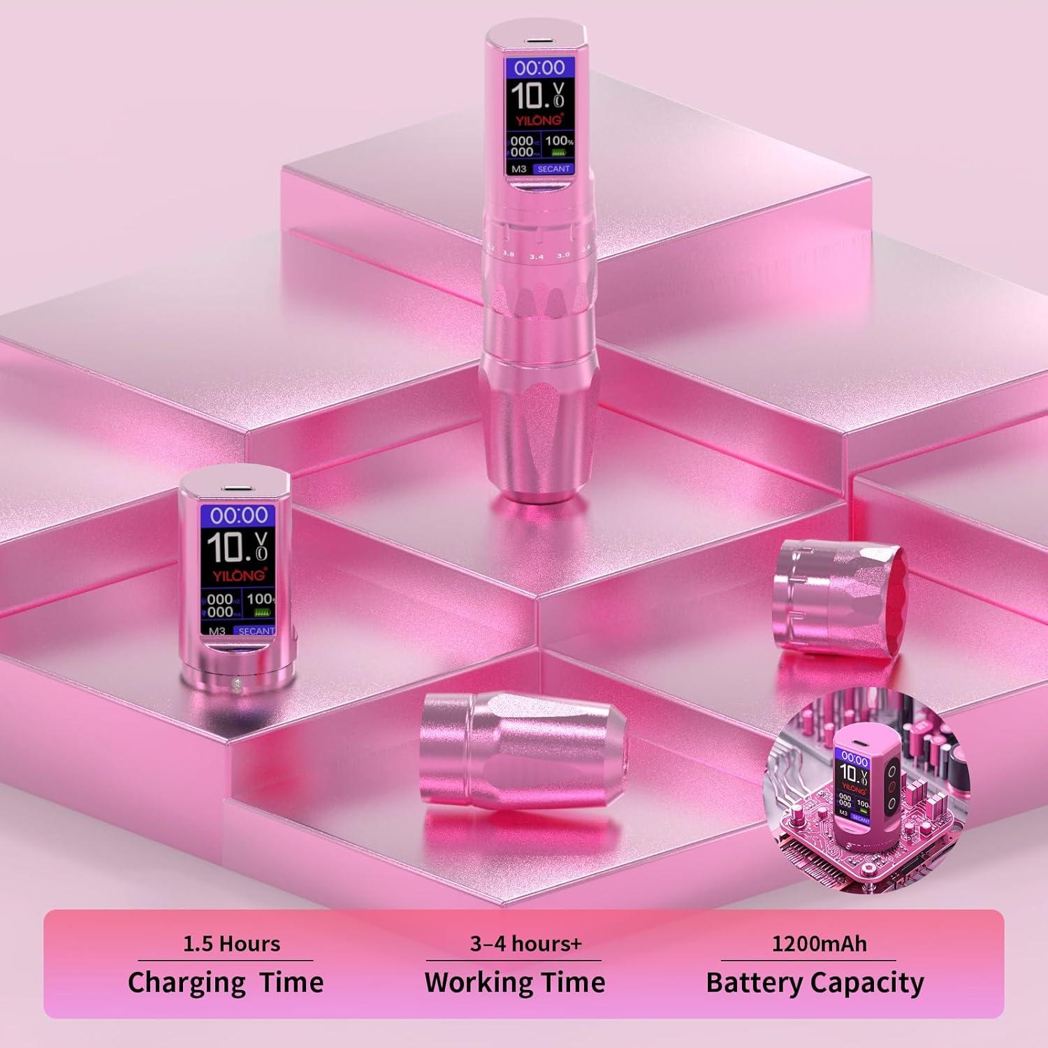 Kit de Máquina de Tatuaje Inalámbrica YILONG Rosa 1200mAh LCD