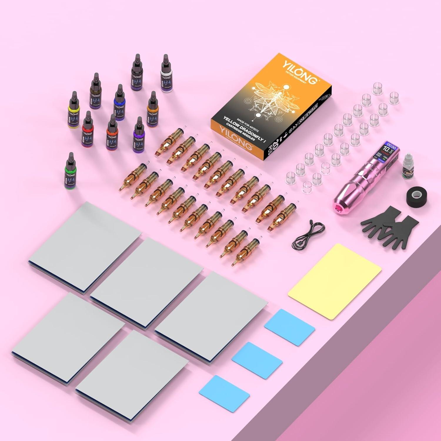 Kit de Máquina de Tatuaje Inalámbrica YILONG Rosa 1200mAh LCD