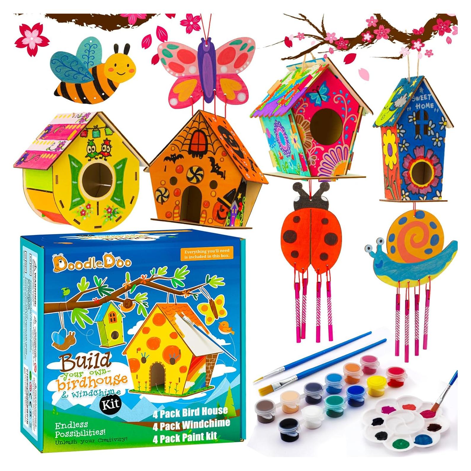 Kit de Manualidades DoodleDoo para Niños - 4 Casas para Aves y Campanas de Viento