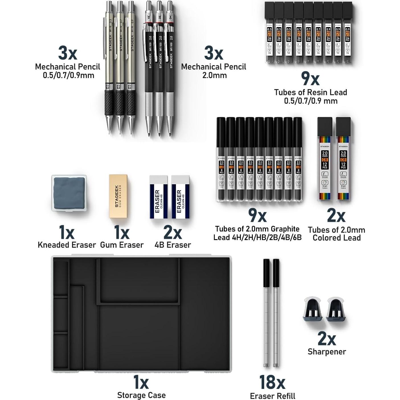 Juego de Lápices Mecánicos STAGEEK 34 Piezas 0.5-2.0mm