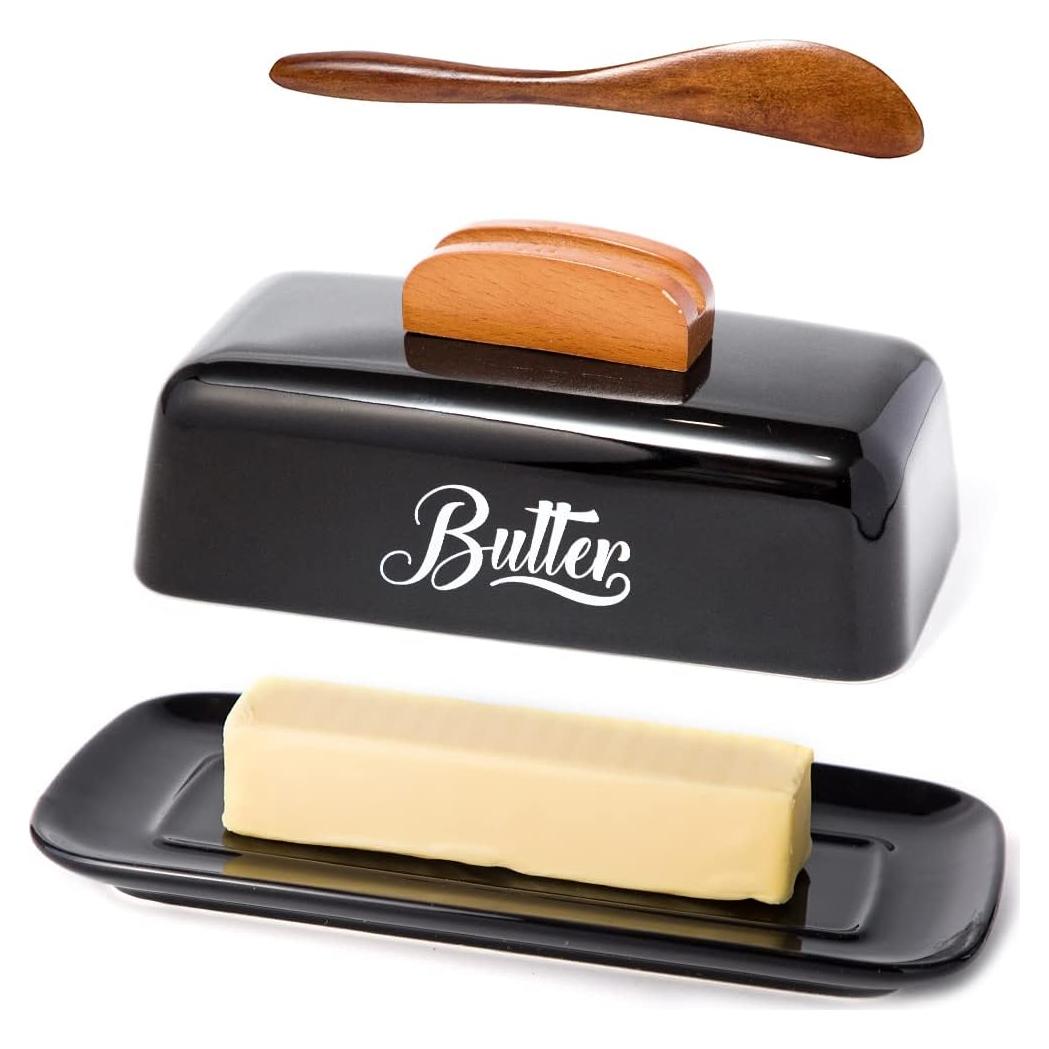 Plato de Mantequilla Cerámica AISBUGUR Negro con Tapa y Cuchillo
