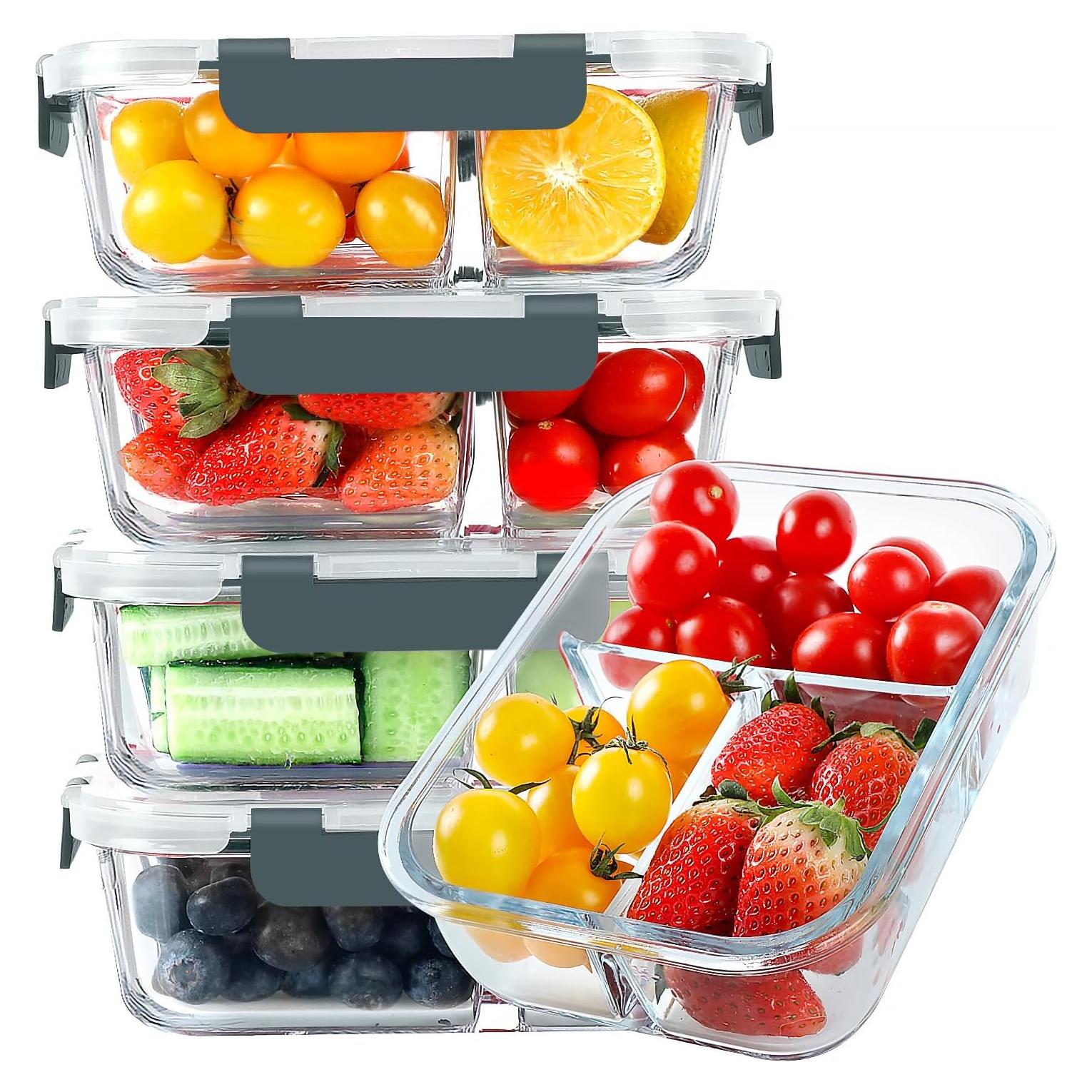 Contenedores de Comida de Vidrio KOMUEE 3 Compartimentos 5 Pzas