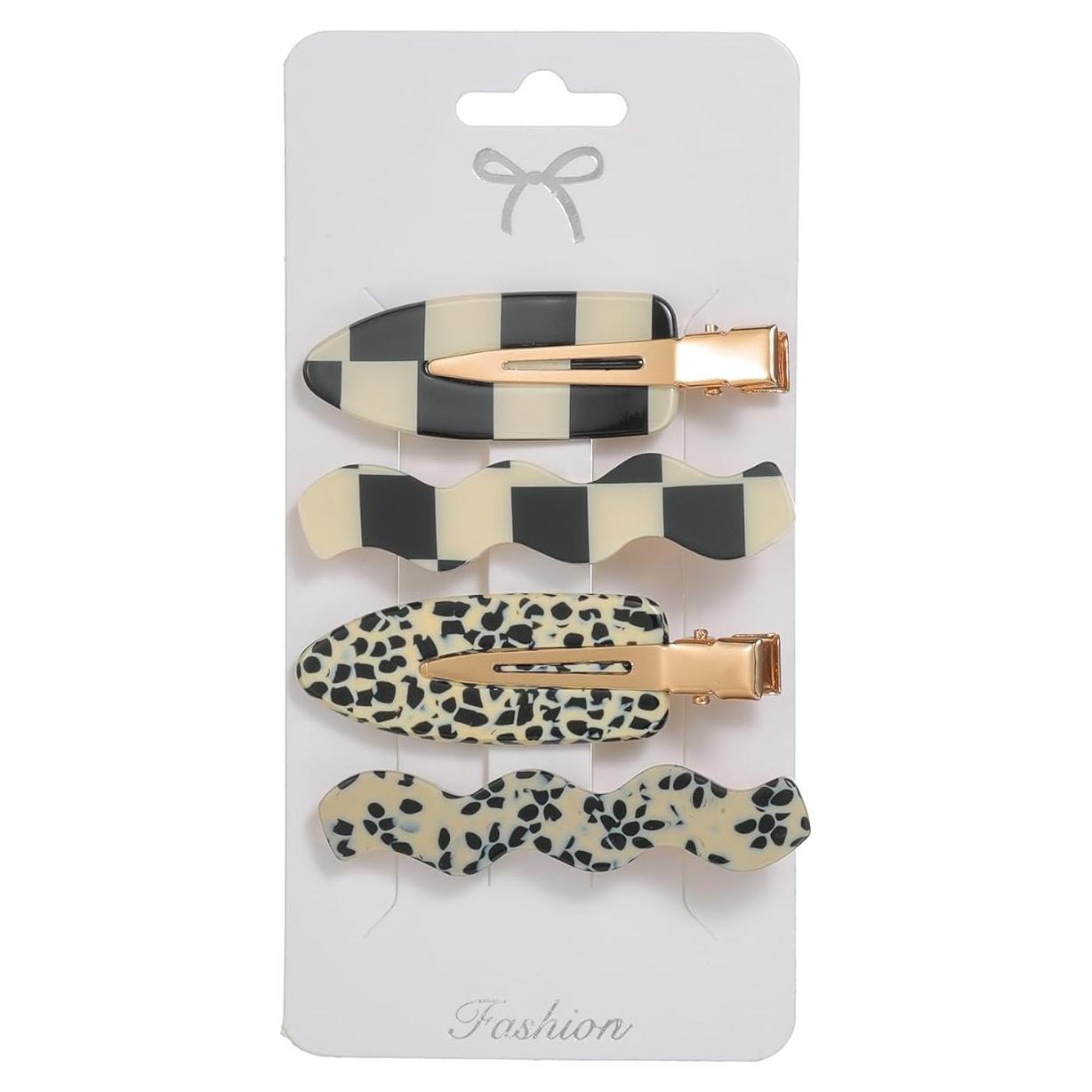 4 Pinzas para el Cabello Acetato Leopardo Negro y Blanco
