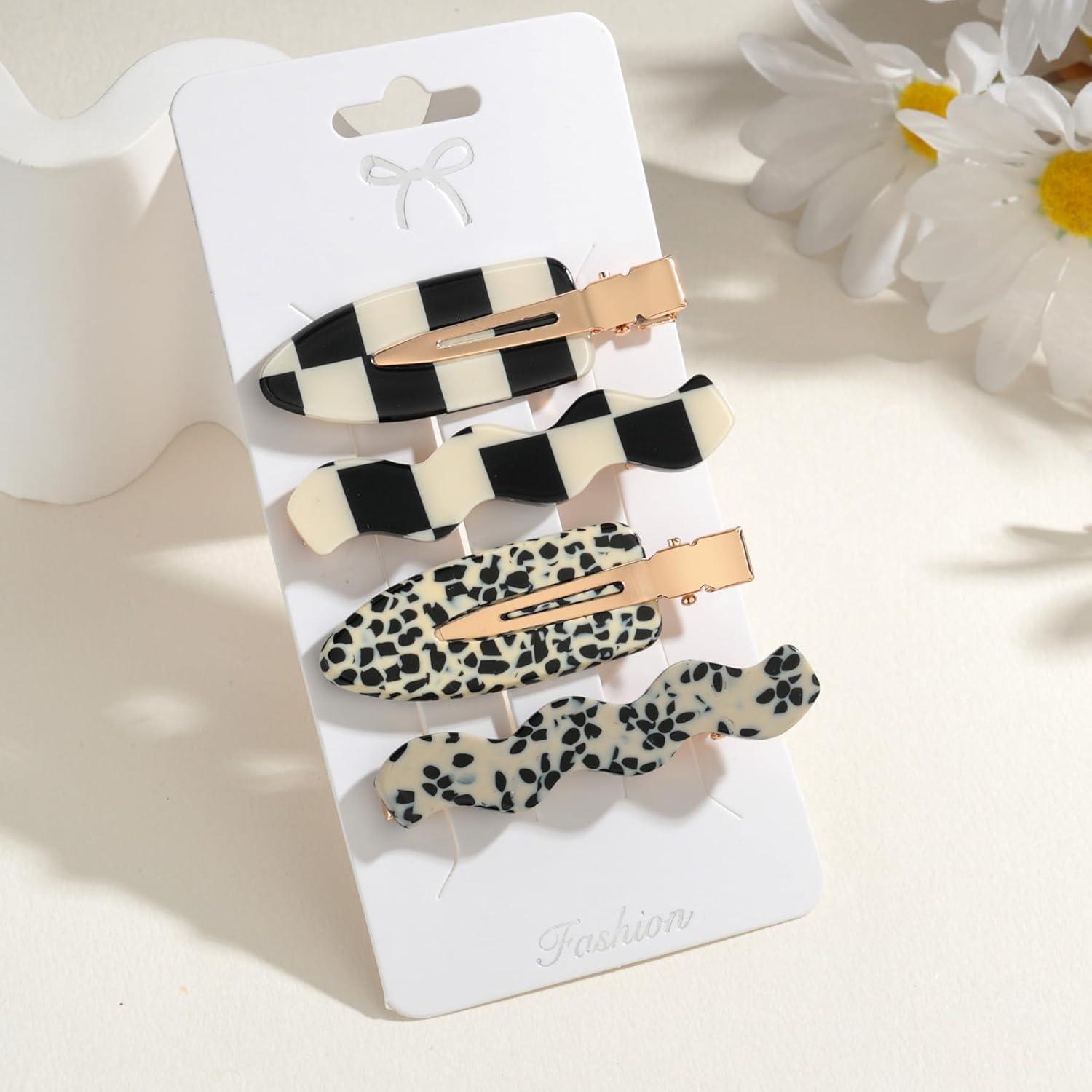 4 Pinzas para el Cabello Acetato Leopardo Negro y Blanco