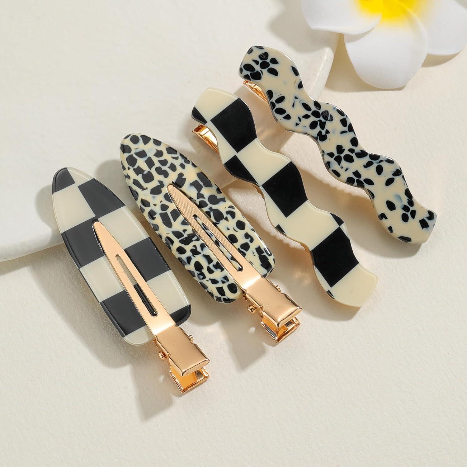 4 Pinzas para el Cabello Acetato Leopardo Negro y Blanco