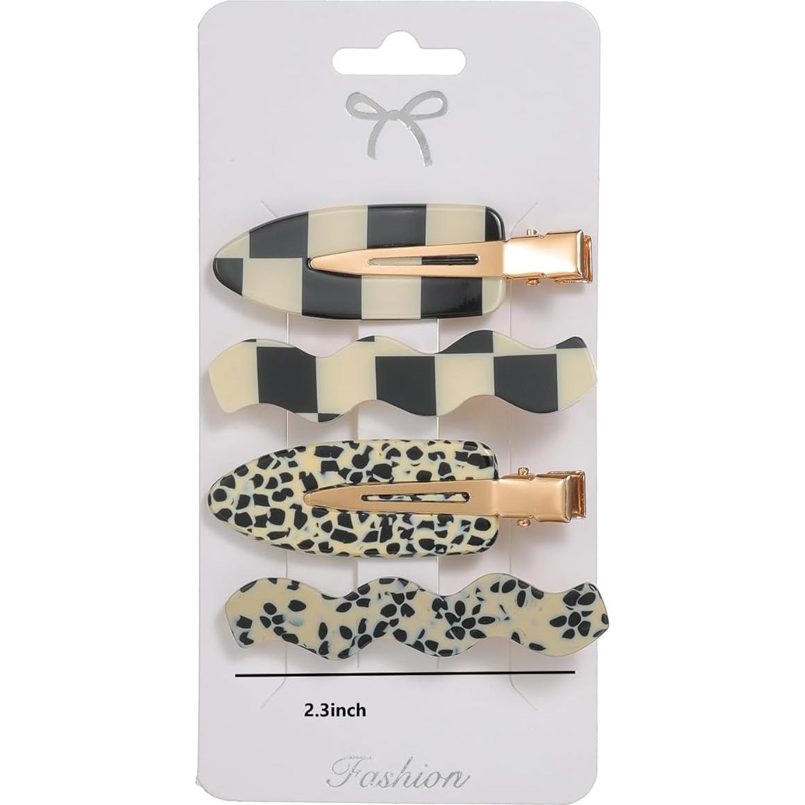 4 Pinzas para el Cabello Acetato Leopardo Negro y Blanco