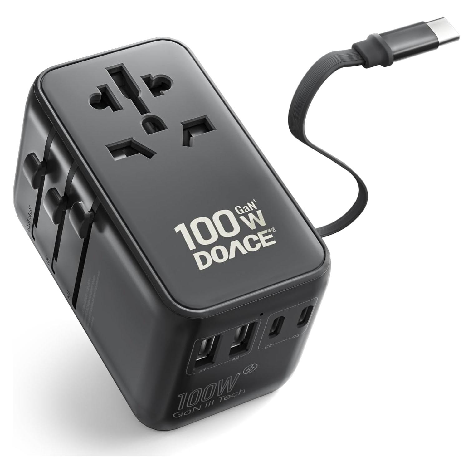 Adaptador de Viaje Universal DOACE 100W GaN 6 en 1 USB-C Negro
