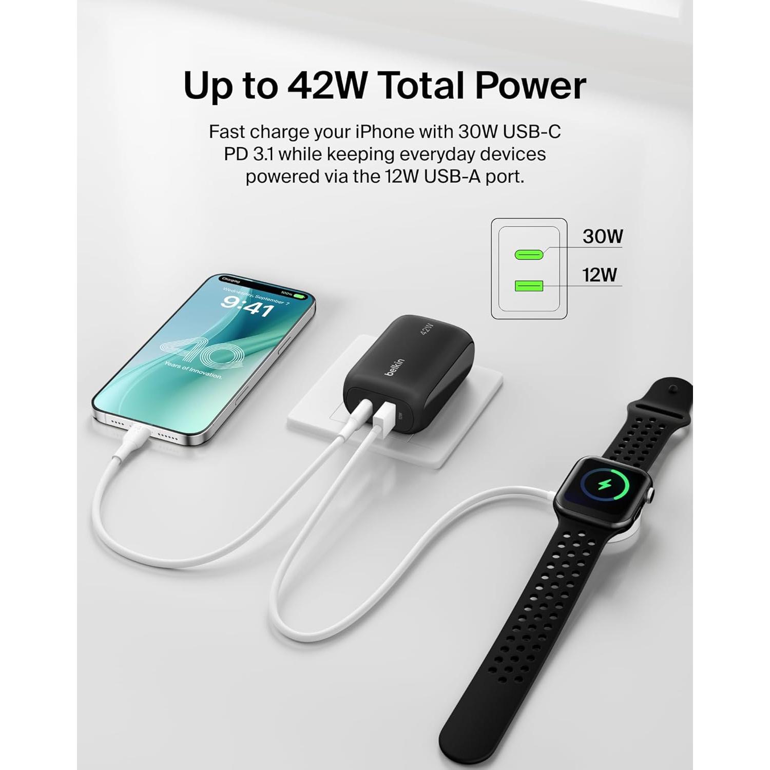 Cargador de Pared Doble Puerto Belkin 42W USB-C y USB-A Negro