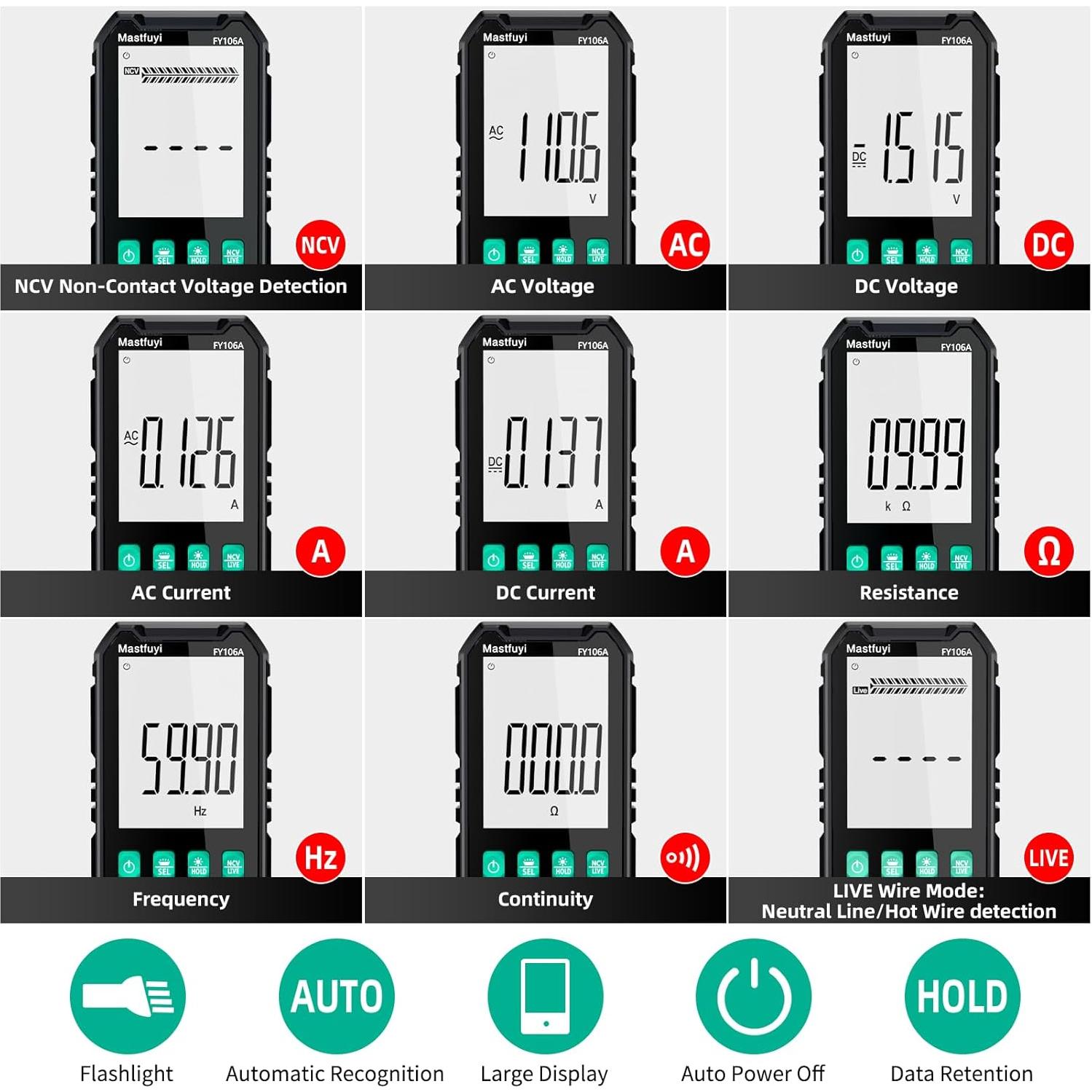 Multímetro Digital Mastfuyi FY106A, True RMS 4000, LCD Retroiluminado