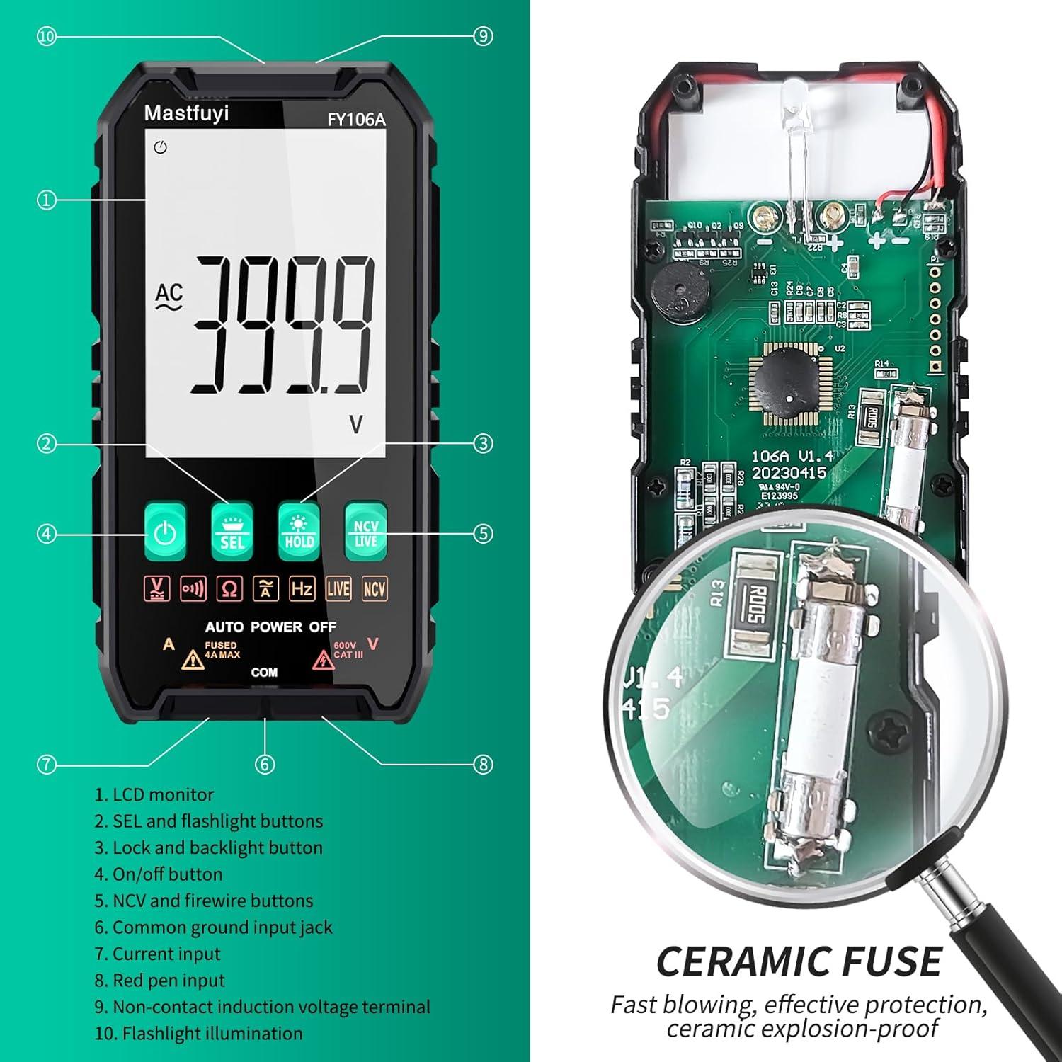 Multímetro Digital Mastfuyi FY106A, True RMS 4000, LCD Retroiluminado