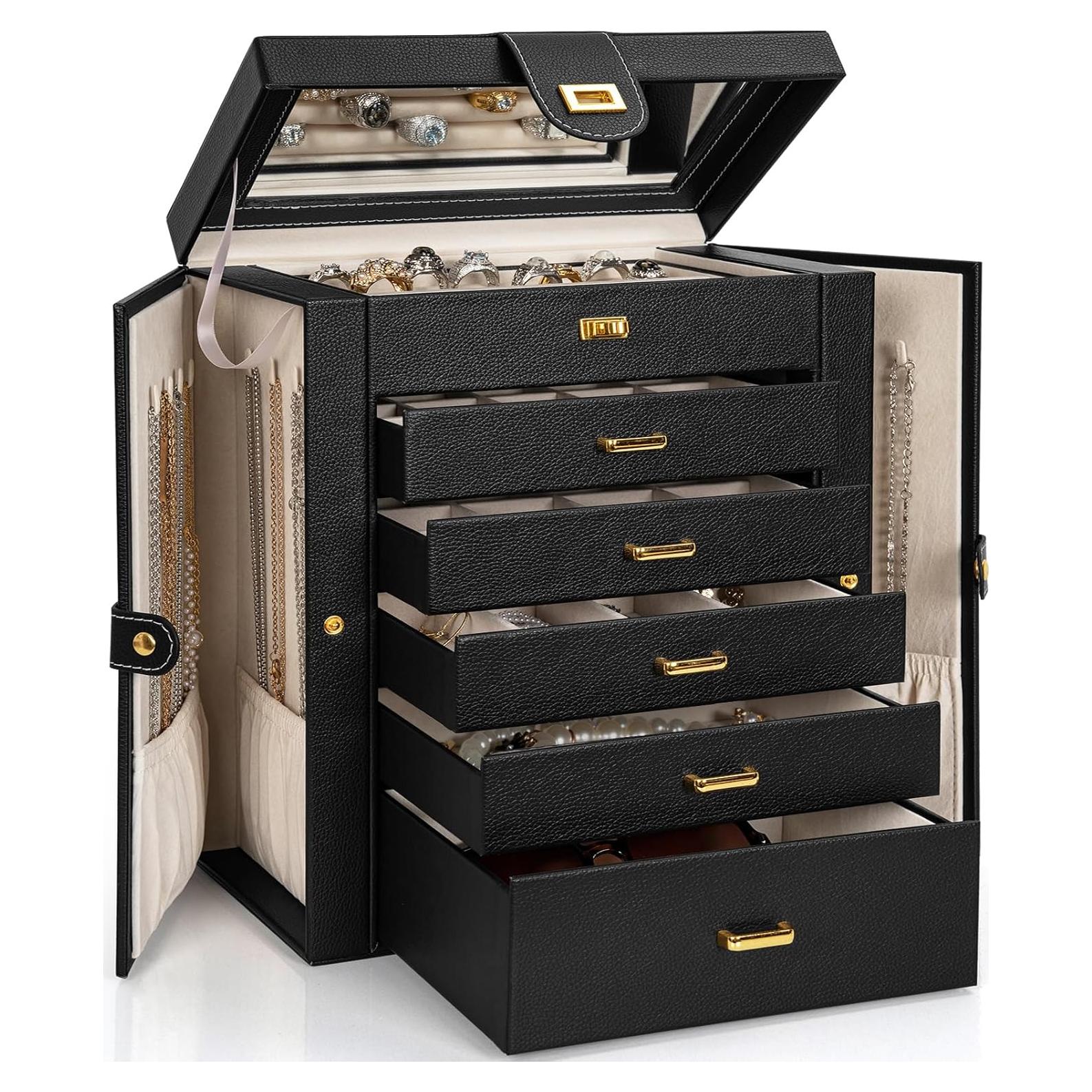 Caja de Joyas AKOZLIN Extra Grande Negra con Espejo y Cerradura