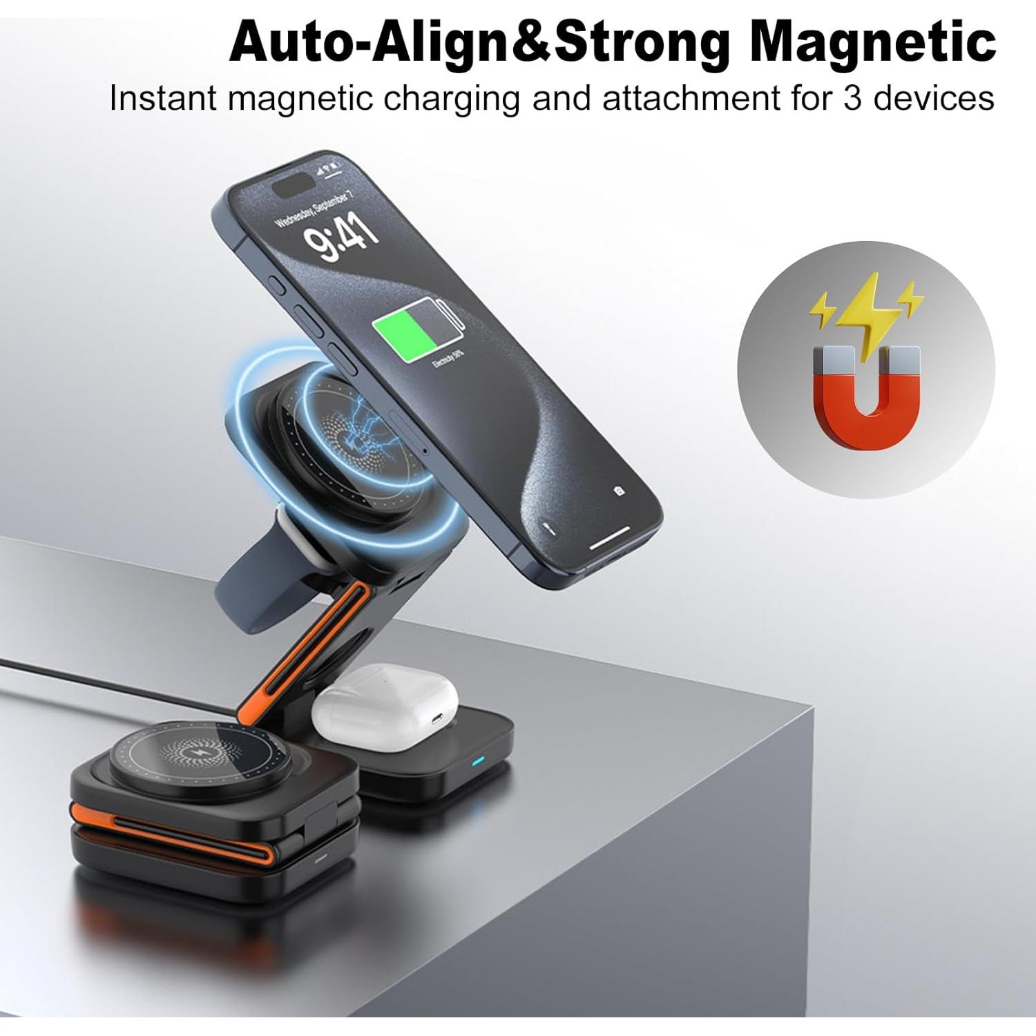 Cargador Inalámbrico 3 en 1 EFAITHFIX Plegable Negro