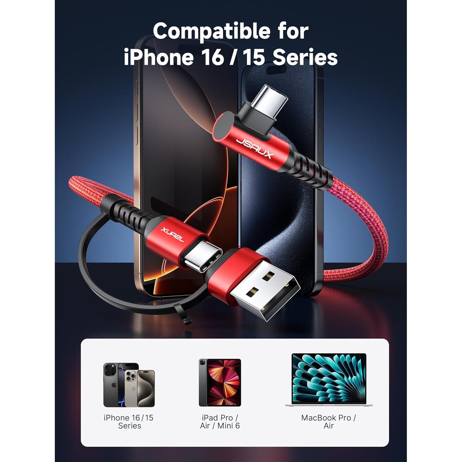 Cable USB C 100W JSAUX 2.0m Rojo Carga Rápida 3 en 1