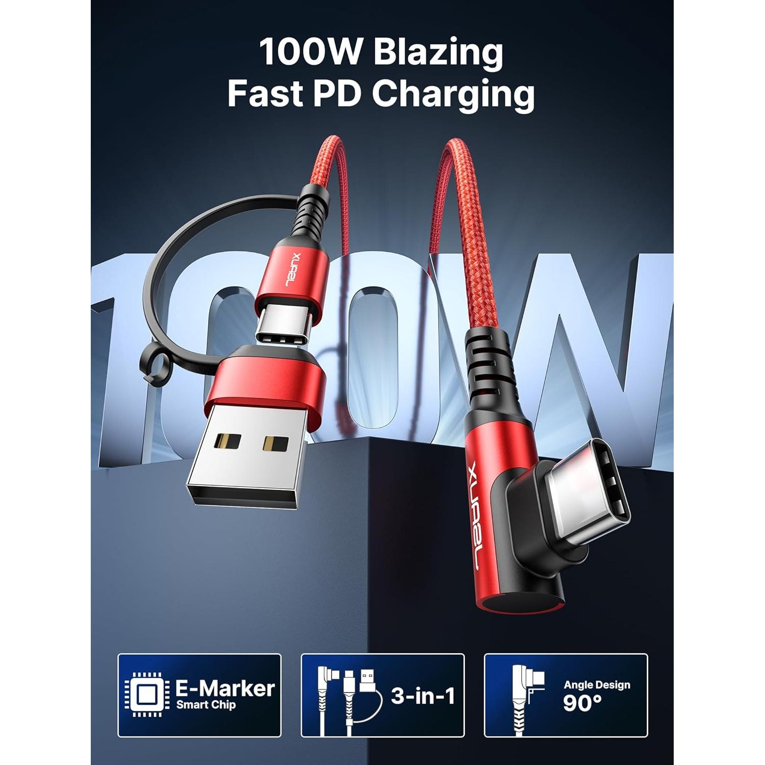 Cable USB C 100W JSAUX 2.0m Rojo Carga Rápida 3 en 1