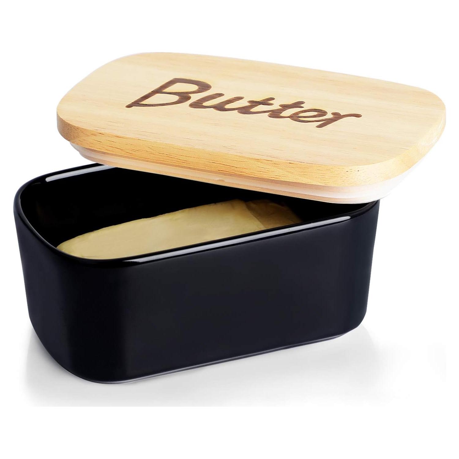 Plato de Mantequilla GDCZ Cerámica con Tapa de Madera - Negro