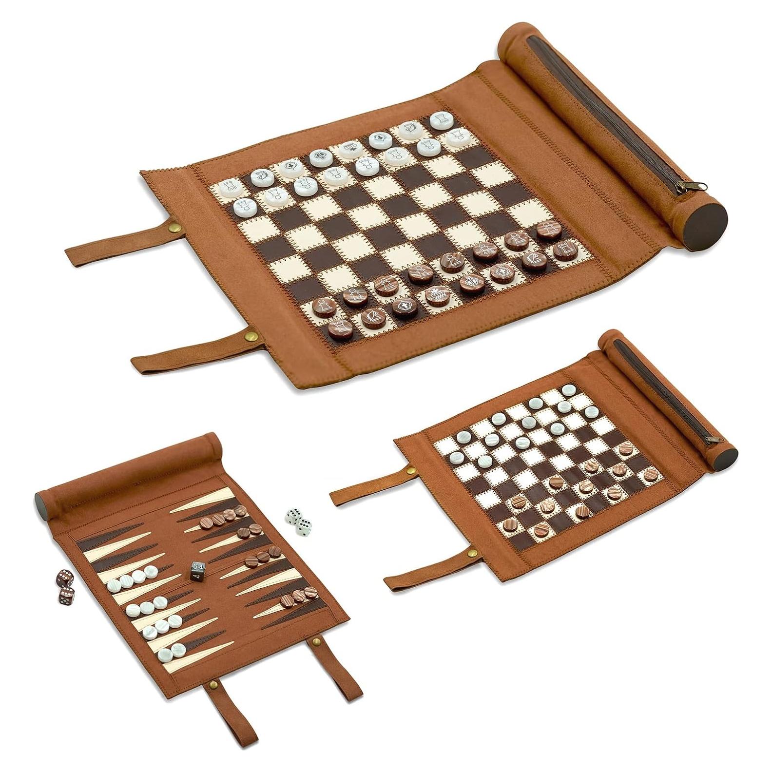 Woodronic Juego 3 en 1 Ajedrez, Damas y Backgammon Plegable