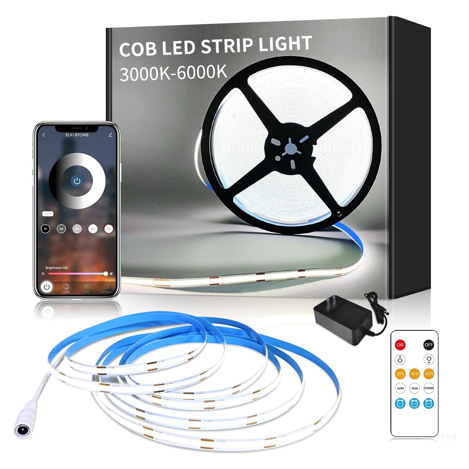 Tira LED COB 5m Blanca Regulable Yeewhale 6000K Control Remoto