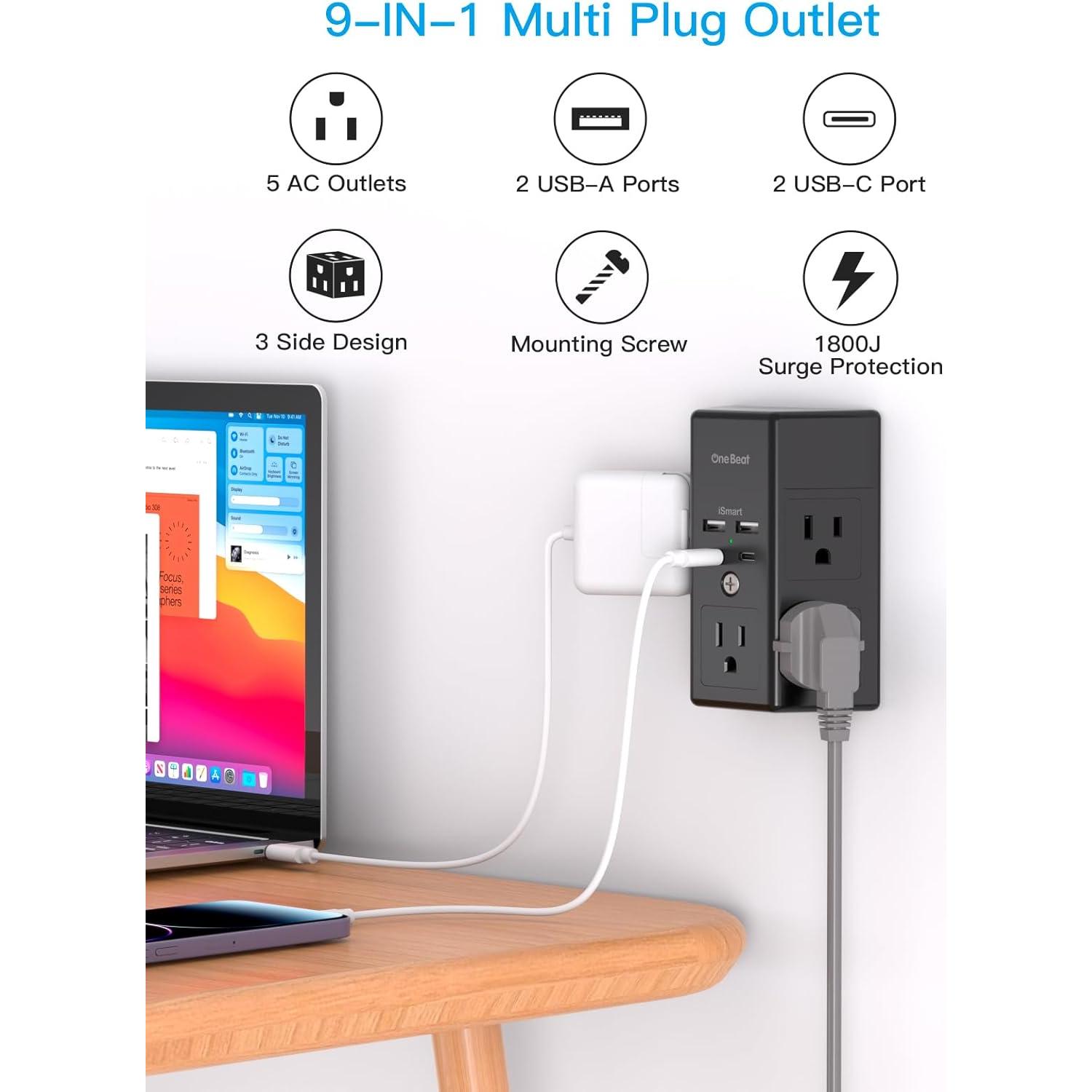 Multi Enchufe One Beat 5 Salidas 4 USB Carga Rápida 1800J