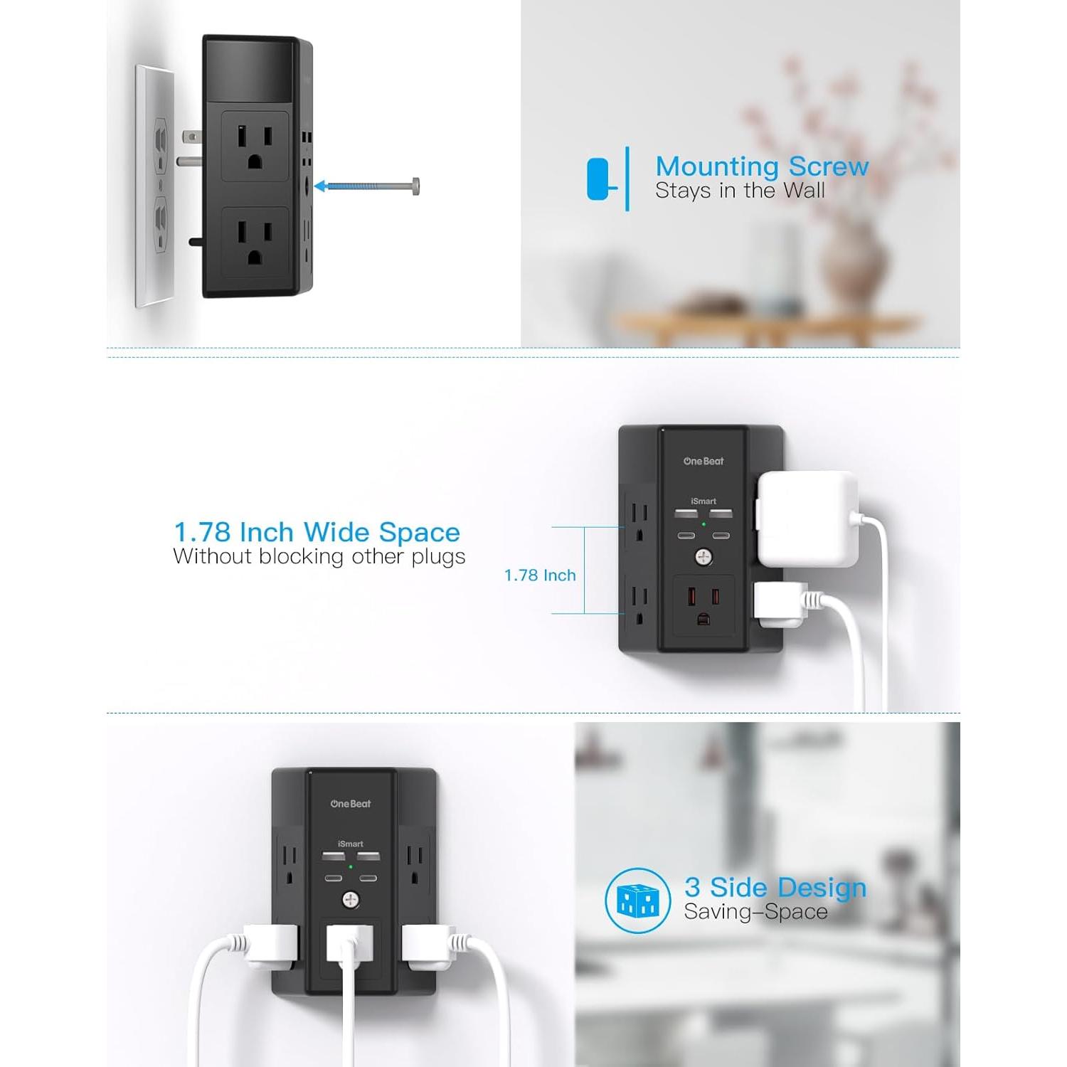 Multi Enchufe One Beat 5 Salidas 4 USB Carga Rápida 1800J