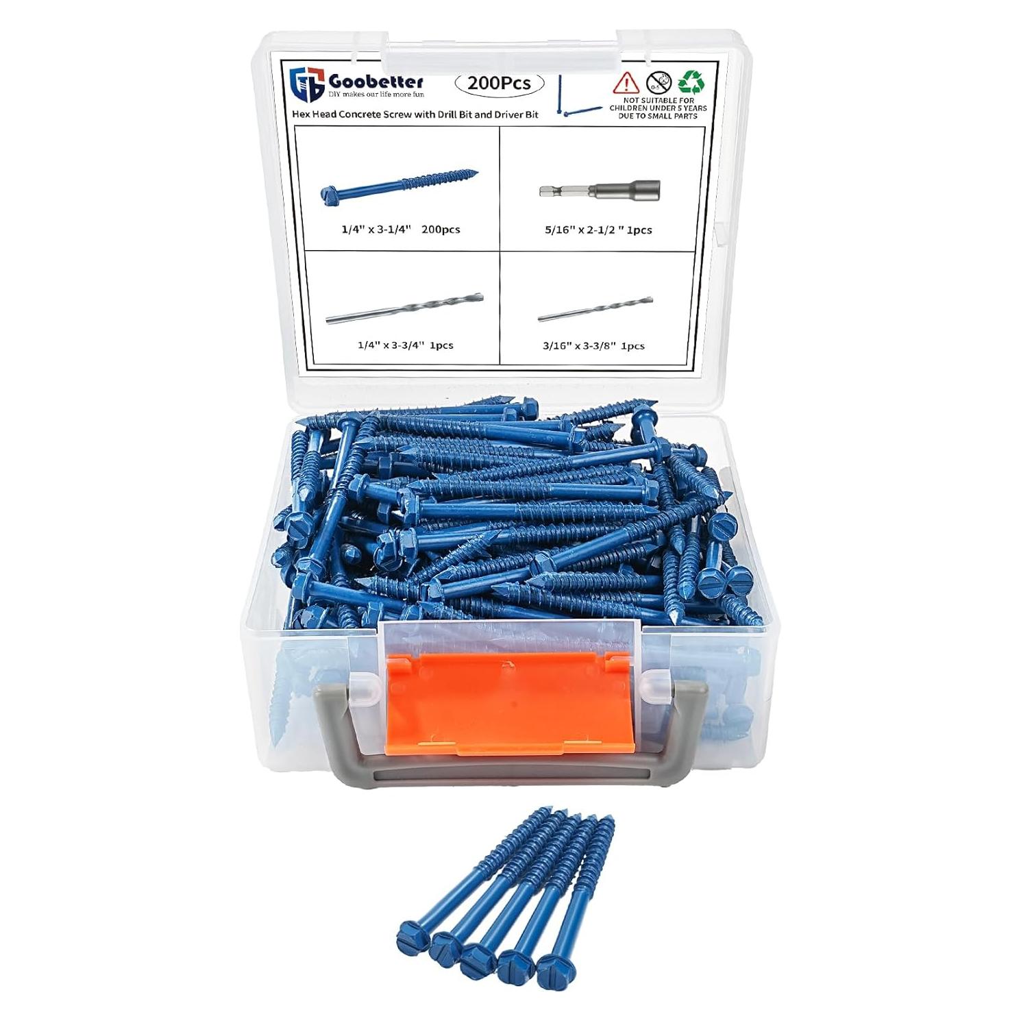 200 Tornillos de Concreto GOOBETTER 6.35x82.55mm con Brocas