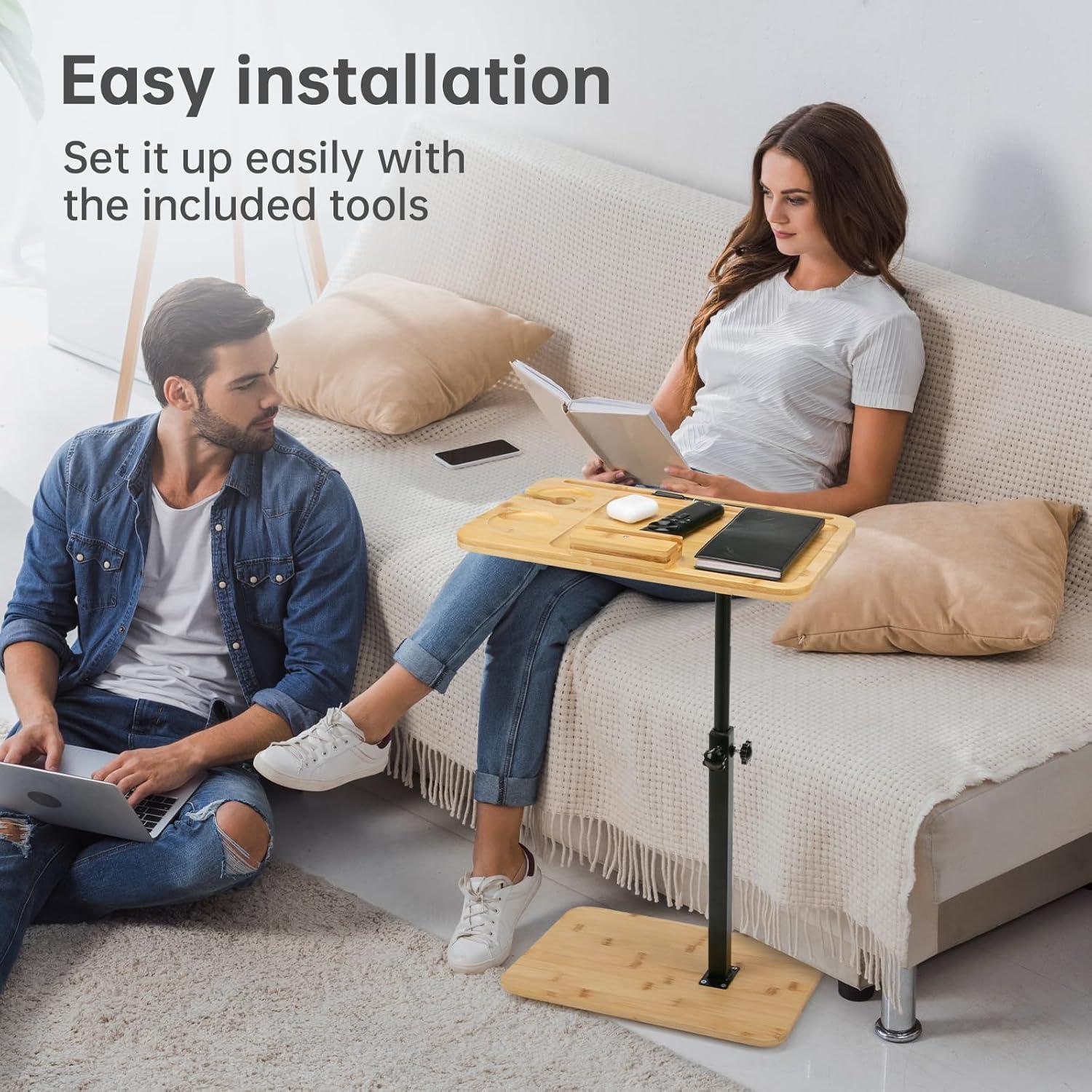 Mesa lateral ajustable LVETOLS de bambú, forma C, 360°