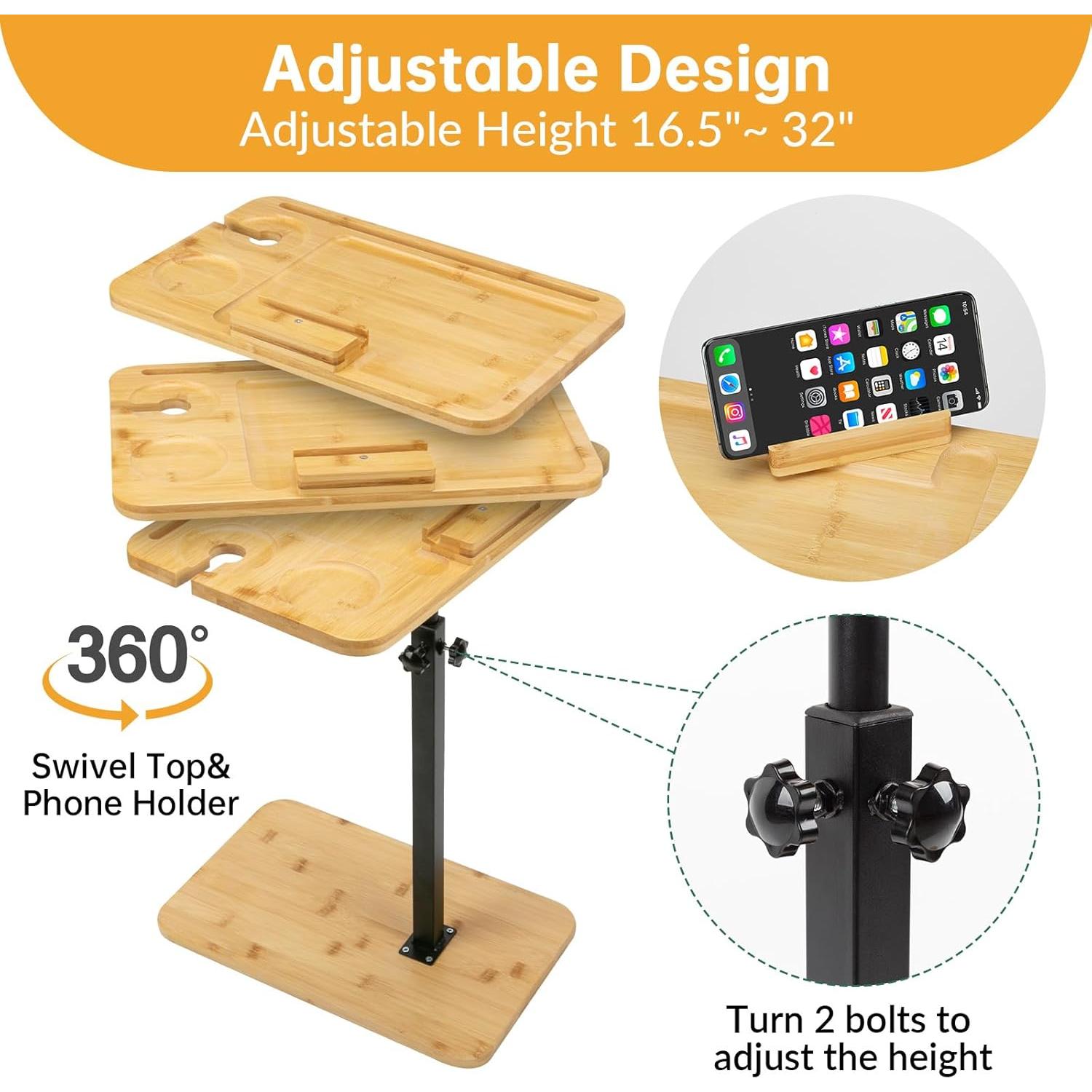 Mesa lateral ajustable LVETOLS de bambú, forma C, 360°