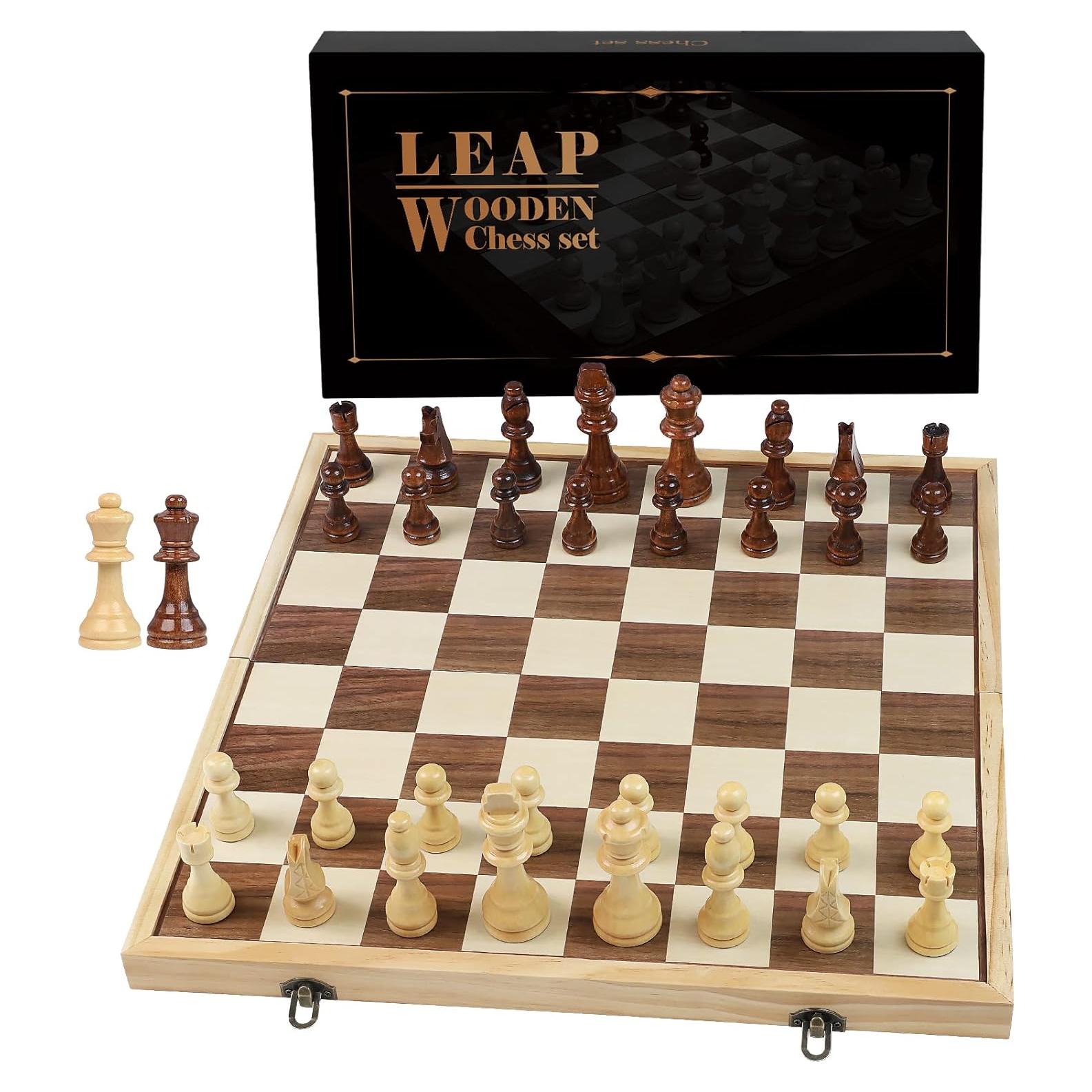 Juego de Ajedrez de Madera LEAP 43 cm Plegable con 2 Reinas Extra