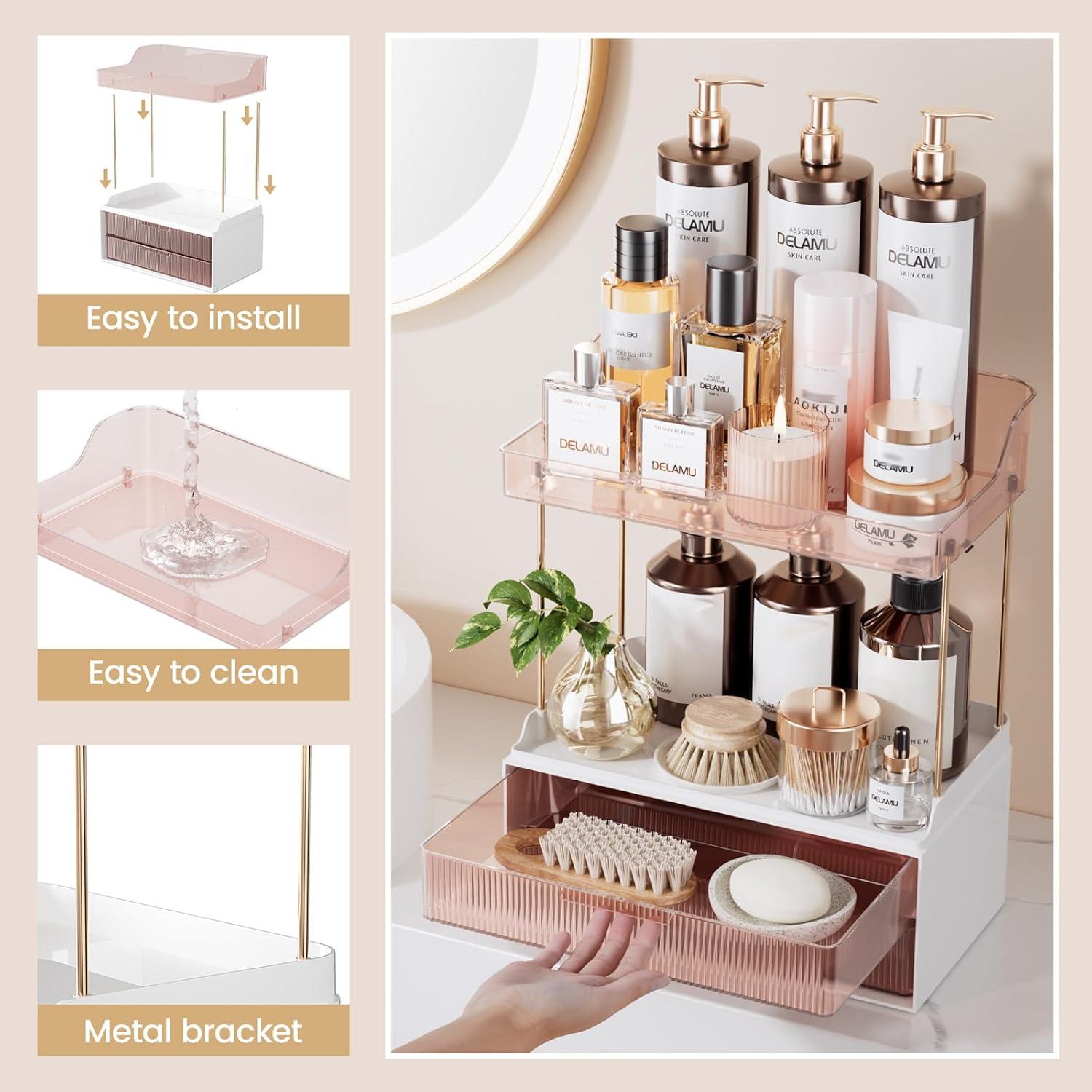 Organizador de Maquillaje Delamu 2 Niveles 2 Cajones Pomelo