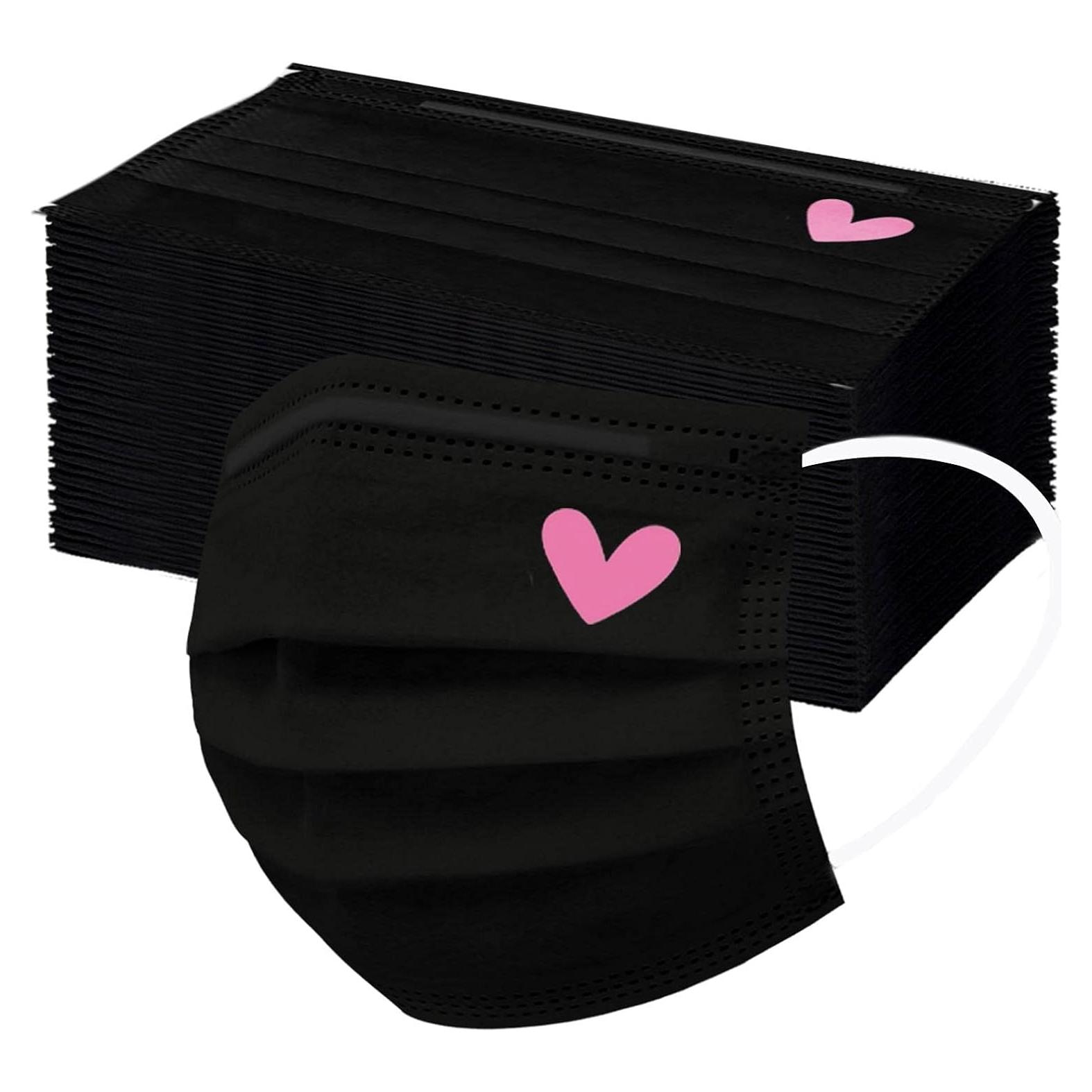 Mascarillas Desechables 50pcs 3 Capas Corazones Rosas y Negras