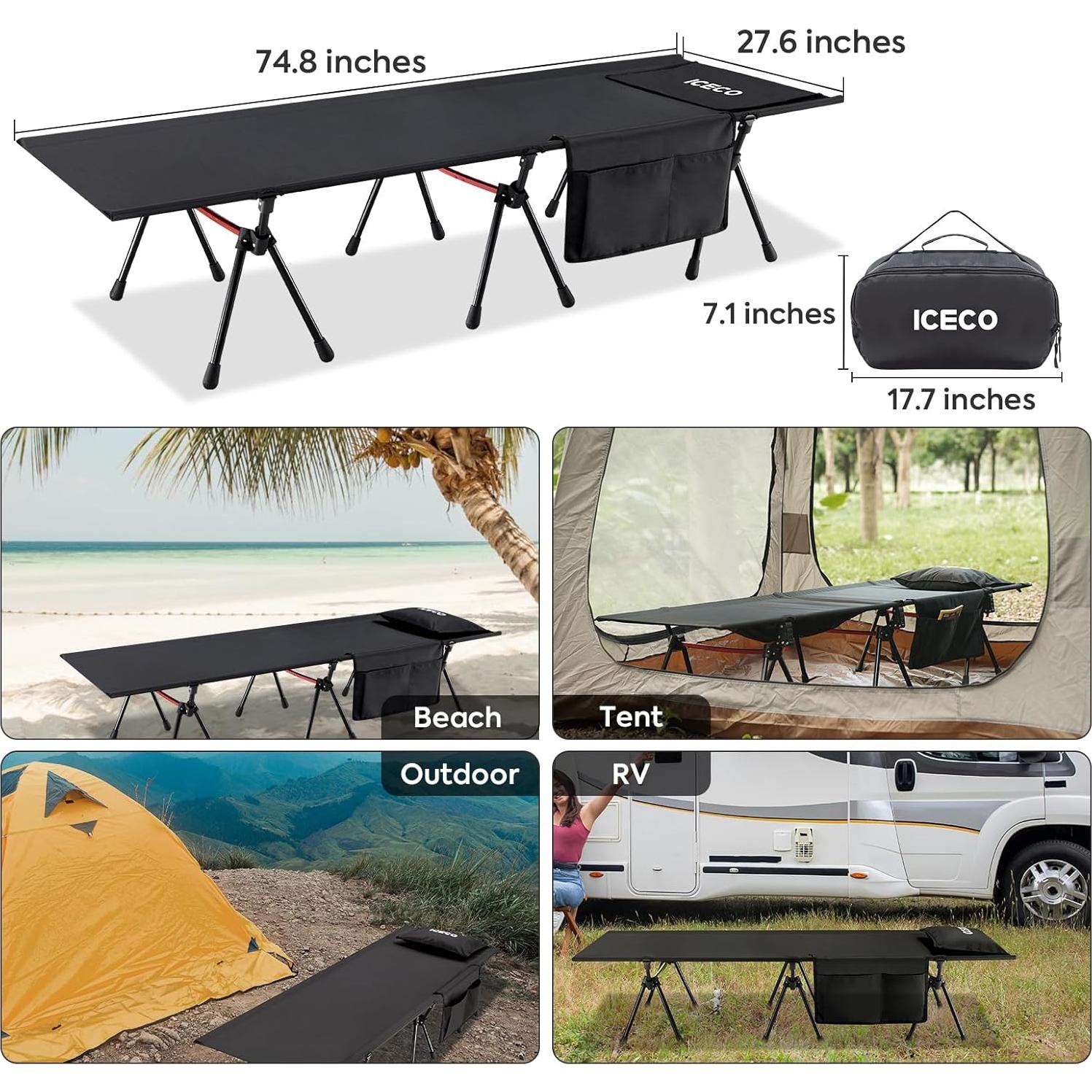 Cama de Camping ICECO XL Plegable 180 kg 190x70 cm Negra