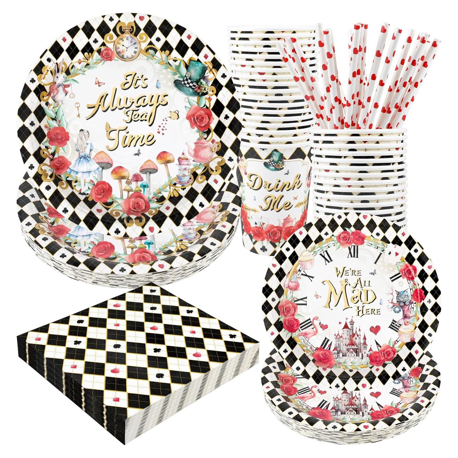 Vajilla Desechable Recheel Fiesta de Alicia 120 Piezas 24 Invitados